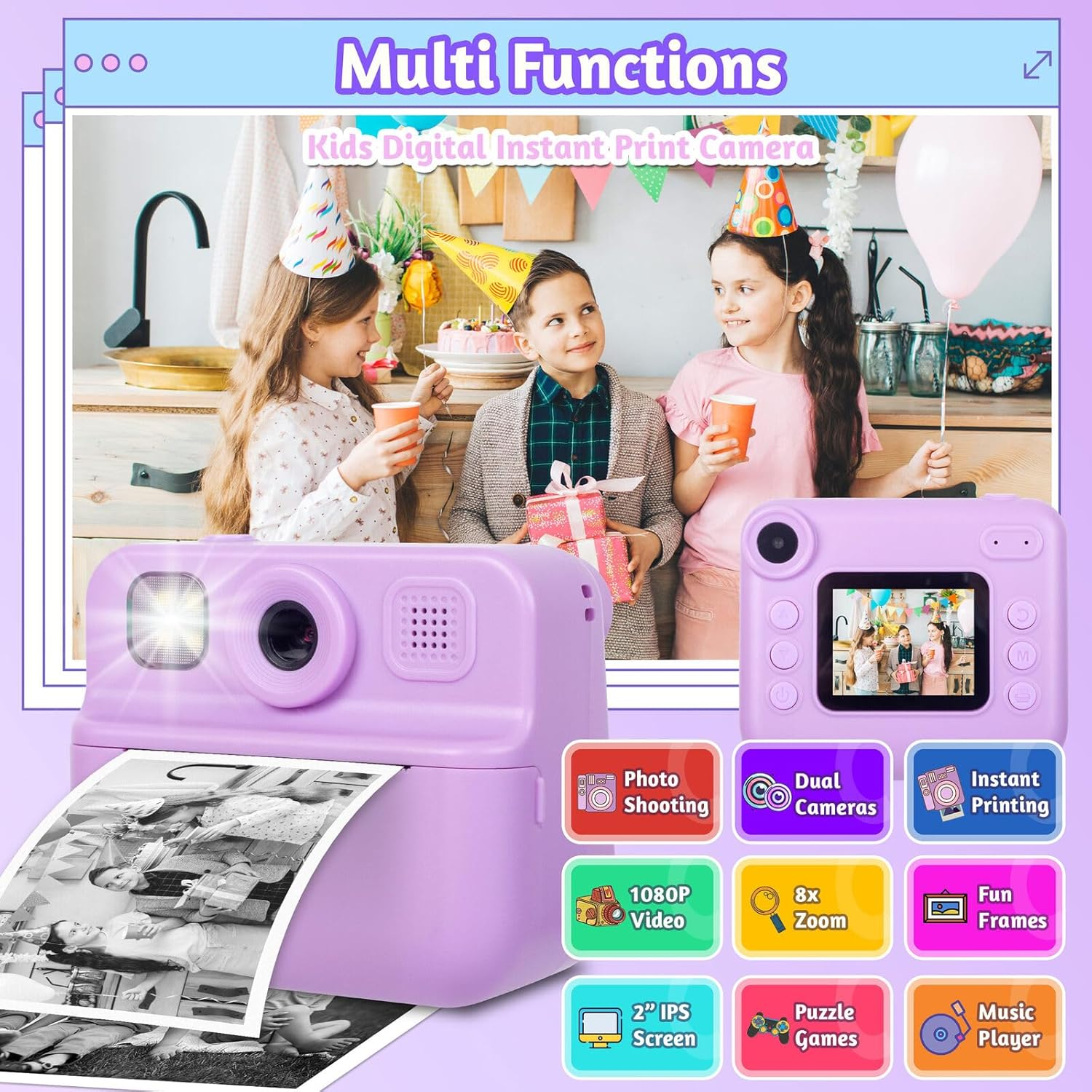 Lenoxx Kids 48MP Instant Print Camera with Dual Front & Rear Lenses, 1080P HD Video Recording, Instant Photo Printing with Paper, 2.0" HD Screen, Flash LED, Fun Effects &ndash; Purple