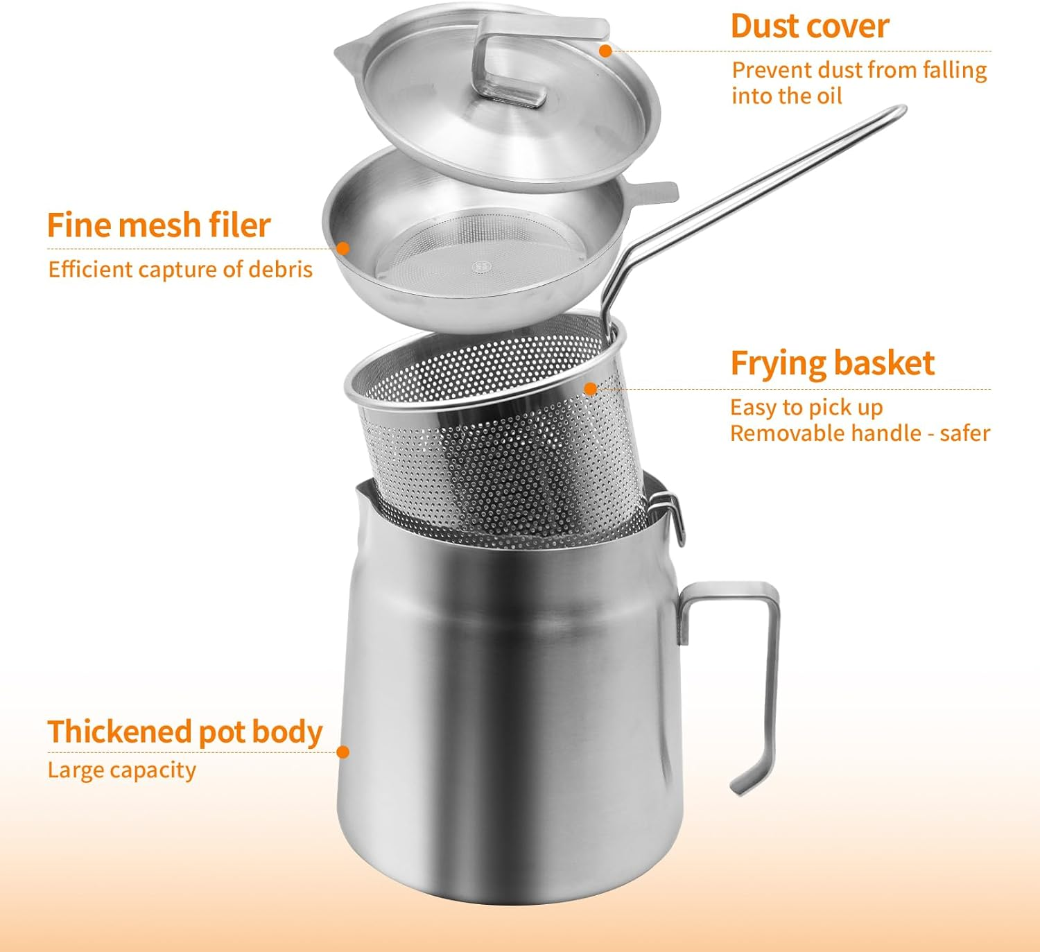 AVOWB.T.Q 304 Stainless Steel Oil Strainer Pot, 2.0L Large Capacity Versatile Oil Filter Vessel,Bacon Grease Saver with Fine Mesh Strainer and Frying Basket Frying Net for Kitchen image number 5
