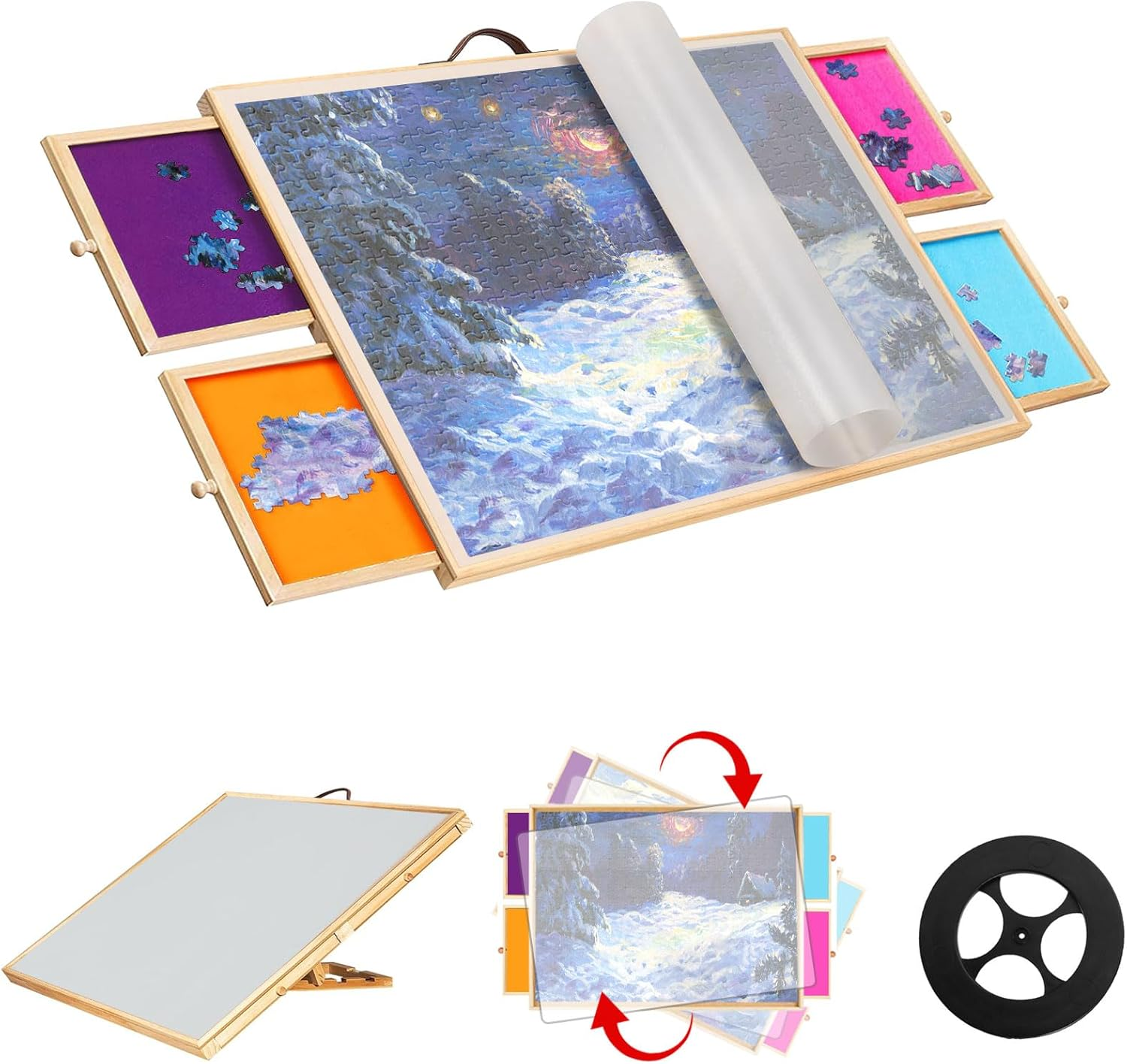 2-In-1 Tilting & Rotating Puzzle Board for 1500 Pieces Puzzle Tables for Adults with Drawers Wooden Jigsaw Puzzle Table with 5 Adjustable Angles, 4 Drawers, Non-Slip Felt Surface, Protective Cover image number 4