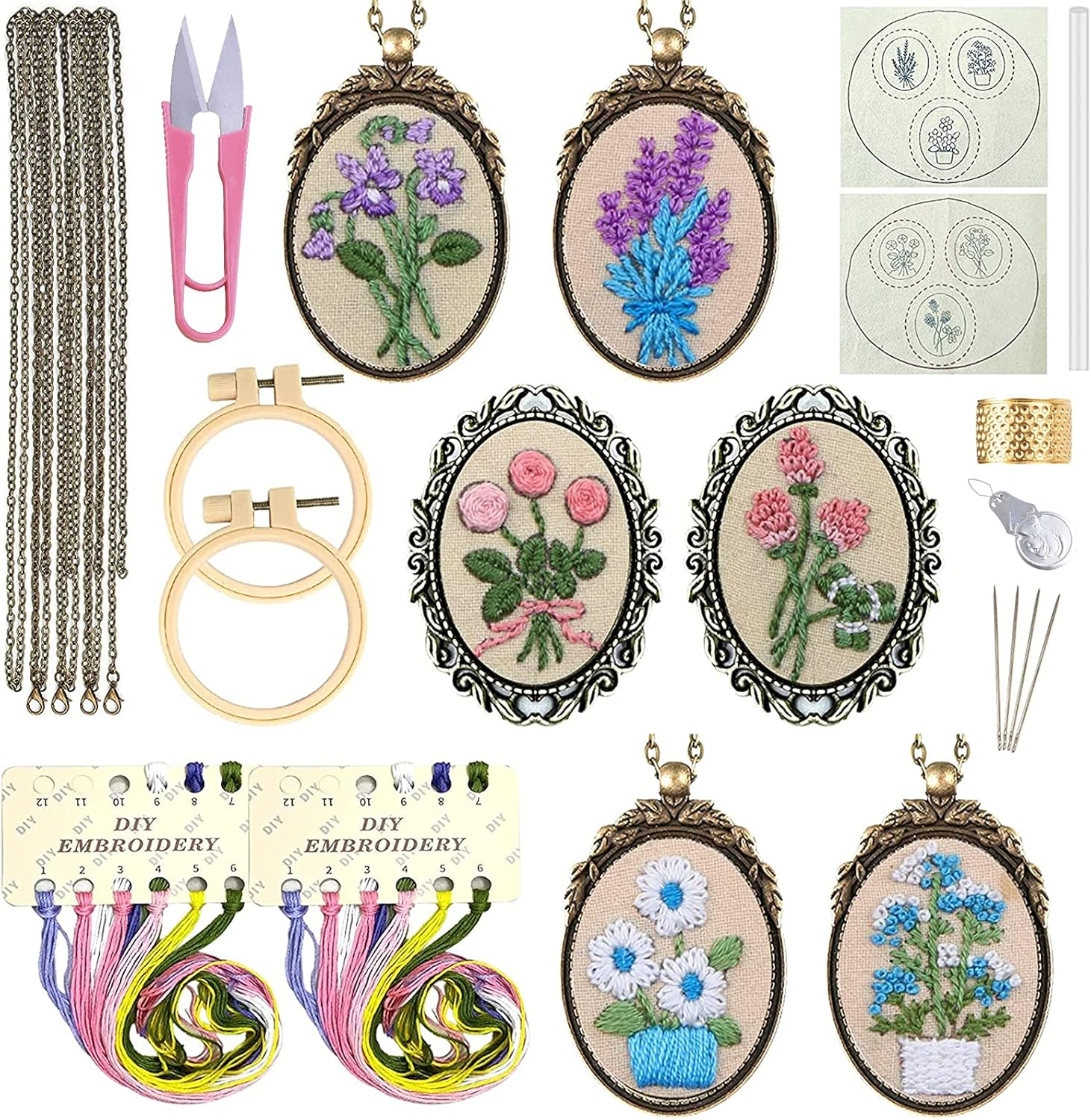 ZOCONE 4 Packs Embroidery Necklace Kit, Embroidery Pendant Kit Mini Cross Stitch Kit with Hoop, Necklace, Pendant, Stamped Pattern Cloth, Instructions, Etc., Embroidery Kit for Adults