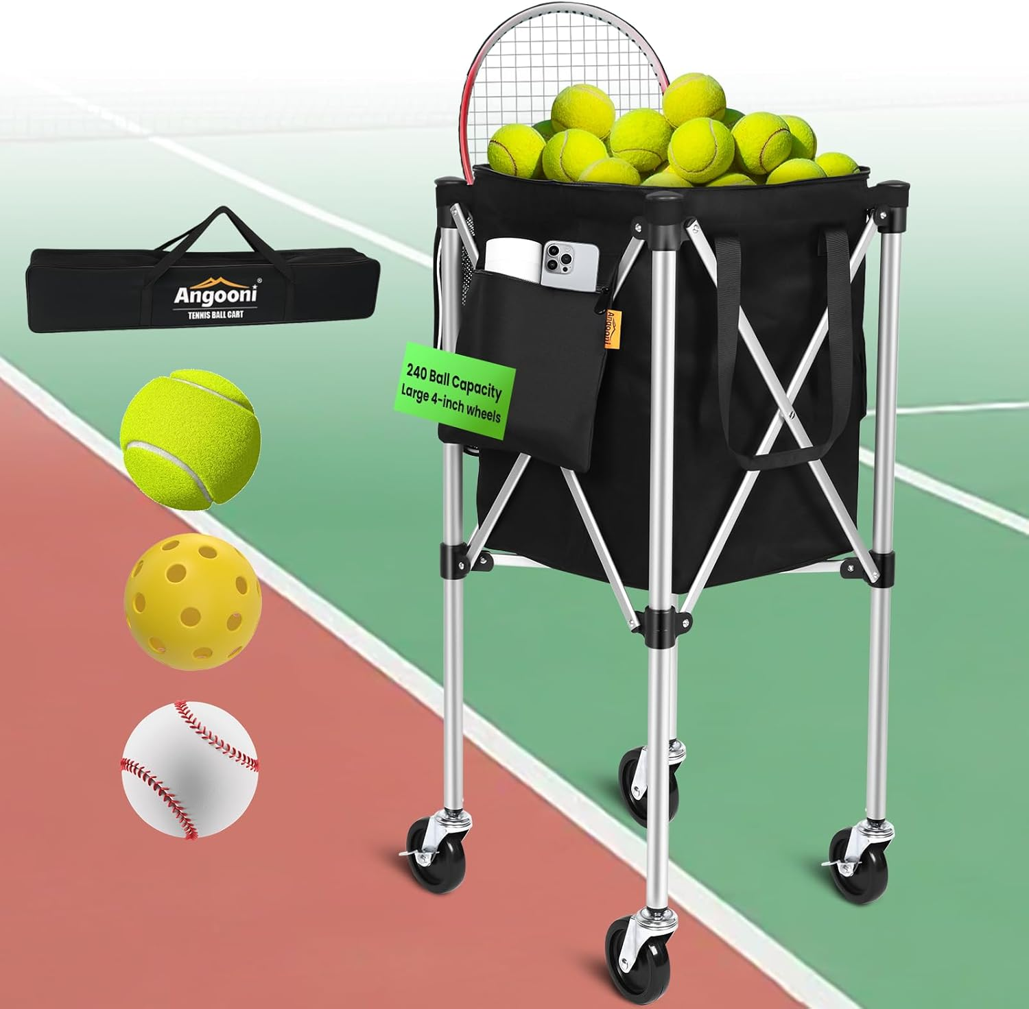 Angooni Professional Foldable Tennis Ball Cart, 2 Capacity Choices - Holds 150 or 240 Balls, Lightweight Waterproof Tennis Ball Hopper, Portable Storage Sports Teaching Cart for Practice and Matches image number 2