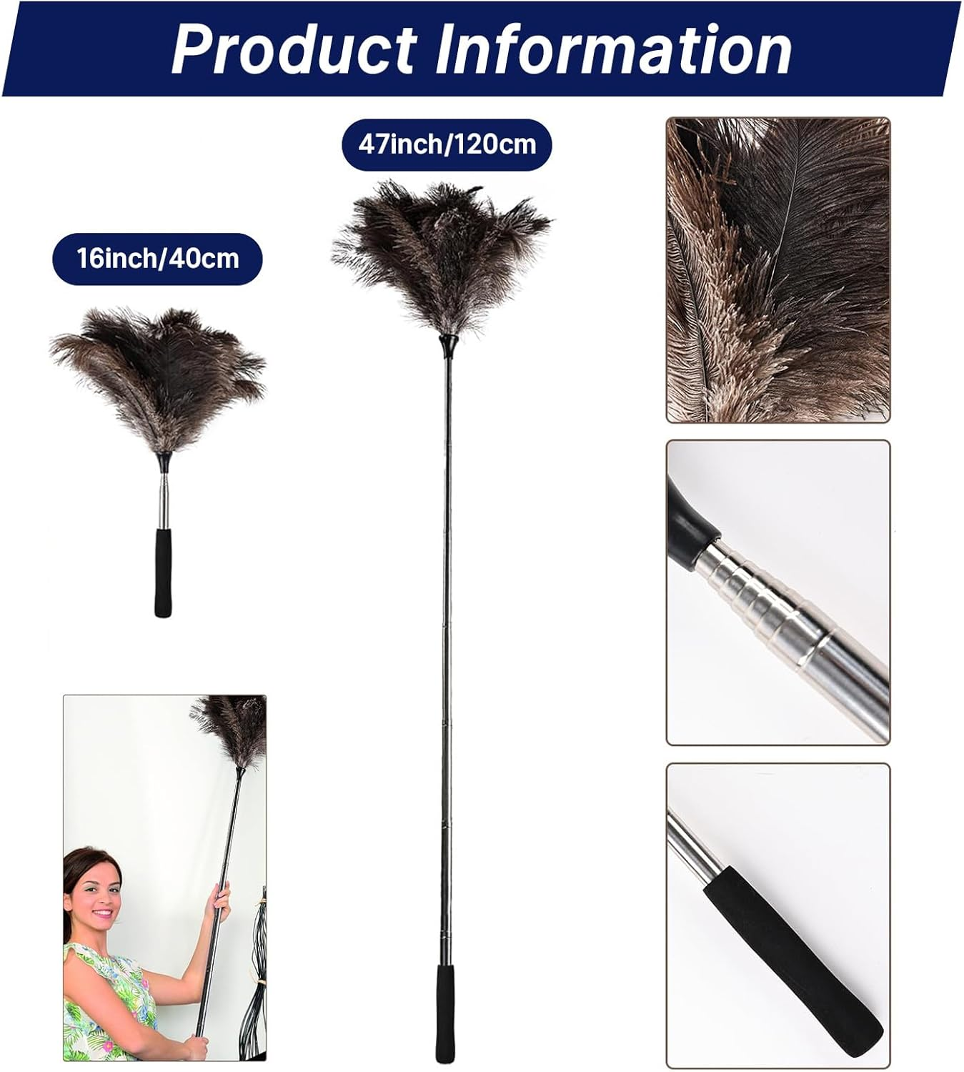 Tzylomirx Extendable Ostrich Feather Duster - 40 Inches Fluffy Long Handle Reusable Feather Duster for Cleaning Ceiling Fan, Pendant Lamp, High Ceiling, Blinds, and All Kinds of Furniture image number 4