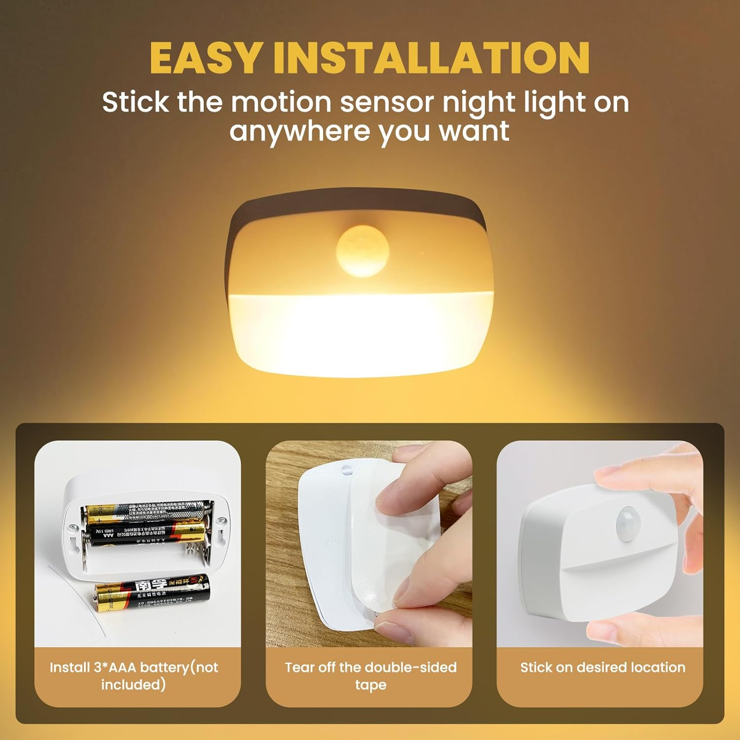 Tobebright Motion Sensor Light Indoor, Battery Powered Led Night Light, Stick on Stair Lights Wall Lights for Hallway, Step, Bathroom, Closet, Bedroom (Warm, 6 Pack) image number 5