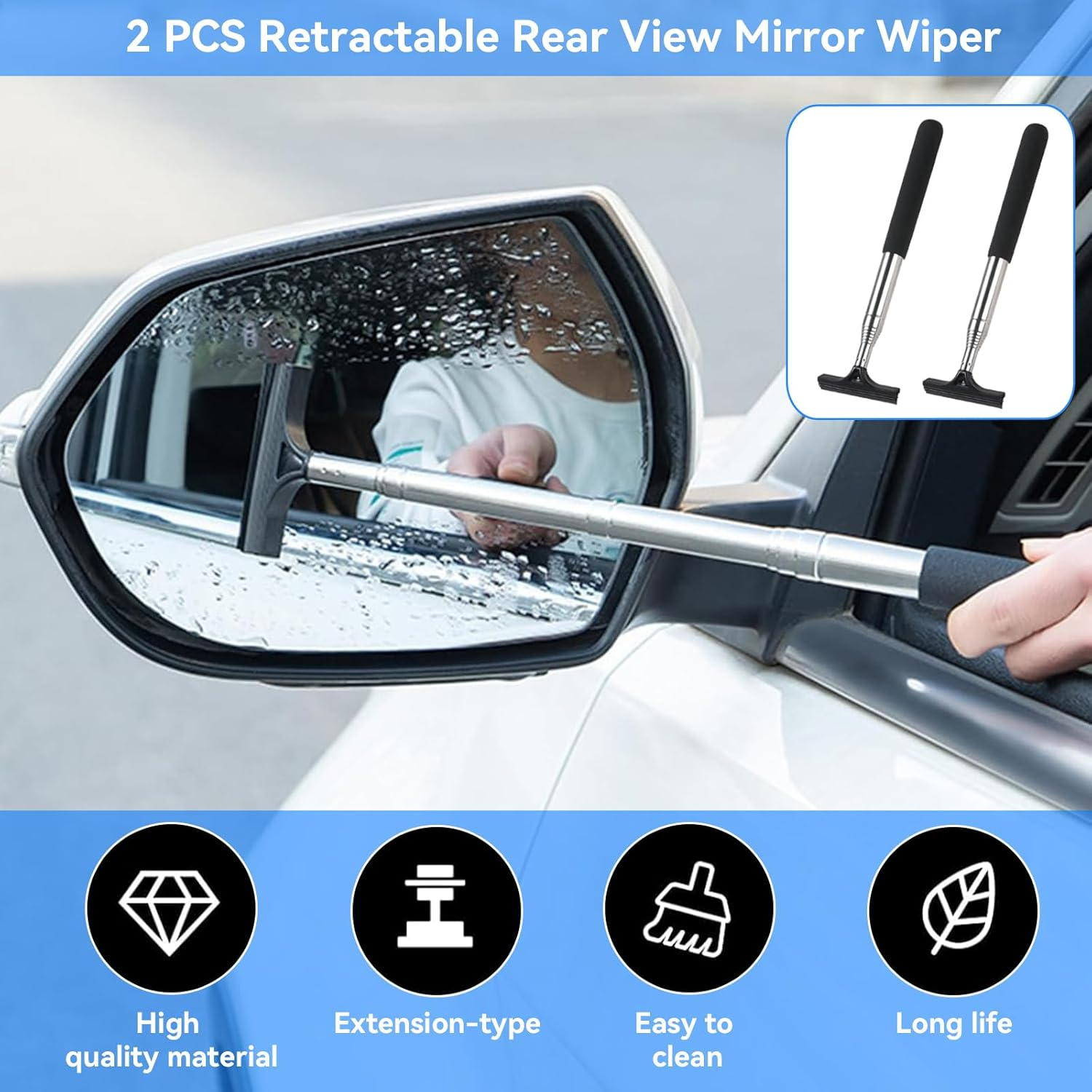 2PCS Retractable Rear View Mirror Wiper, Extendable Squeegee for Car Side Mirrors Rearview Wiper Wing Mirror, Cleaner Windshield Cleaning Tool Rainy, Car Exterior Care Supplies Wipers Blade (Black) - Pink image number 4