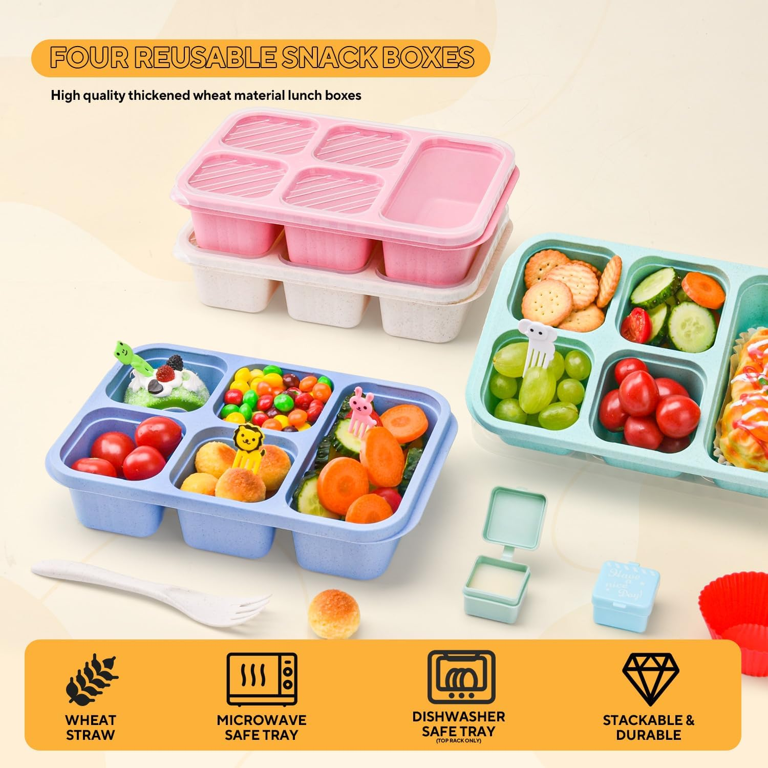4 Pack Bento Snack Box, 5 Compartment Lunchable Snack Containers, Stackable Bento Lunch Boxes for Kids & Adults, Reusable Wheat Straw Meal Prep Lunch Containers for School，Work and Travel image number 3