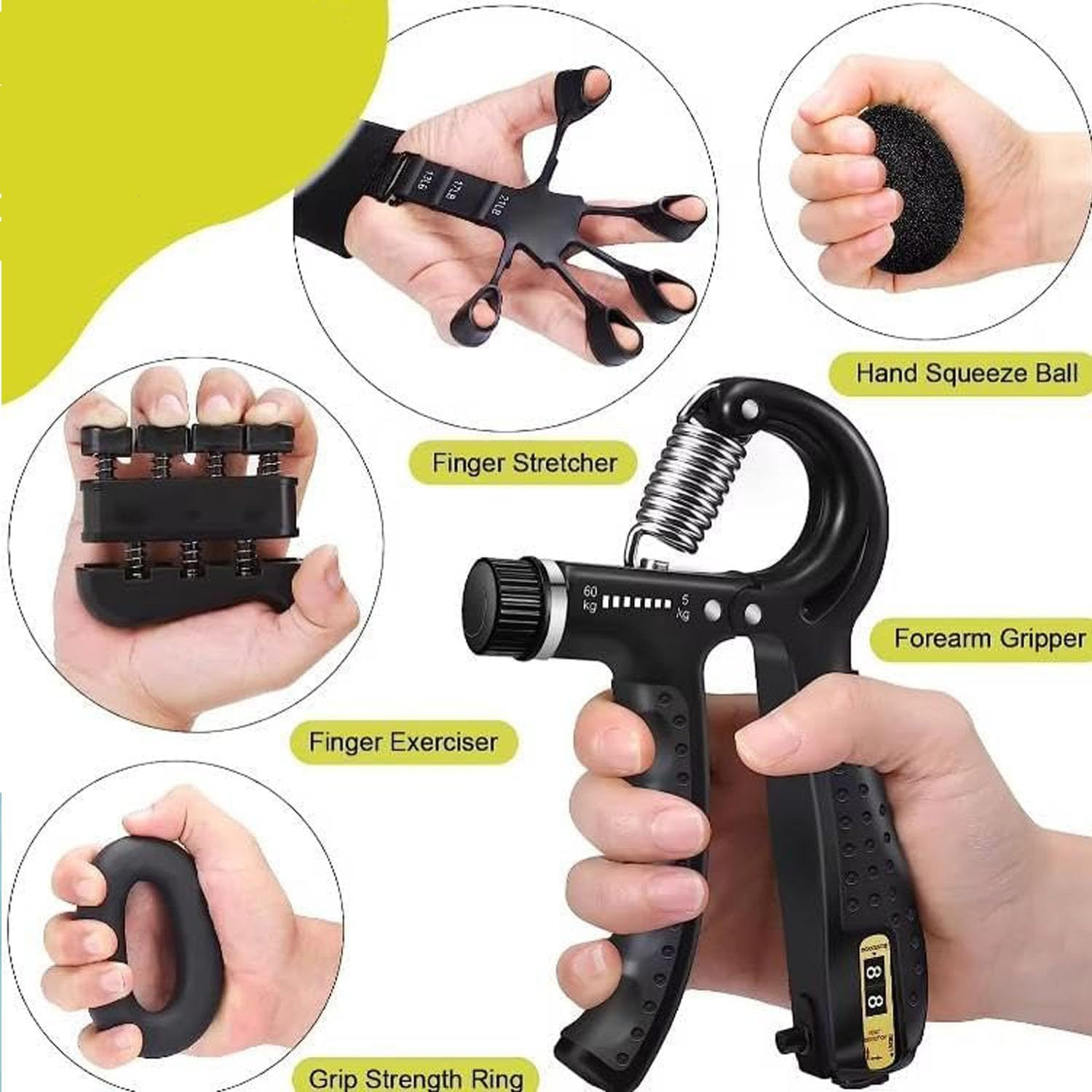 Shengsenfu Adjustable Hand Grip Strengthener Kit 7Piece Grip Strength Trainer Set Forearm Training Finger Flexibility Stress Relief Includes Finger Exerciser Stretcher Grip Ring Stress Ball Carry Bag image number 6