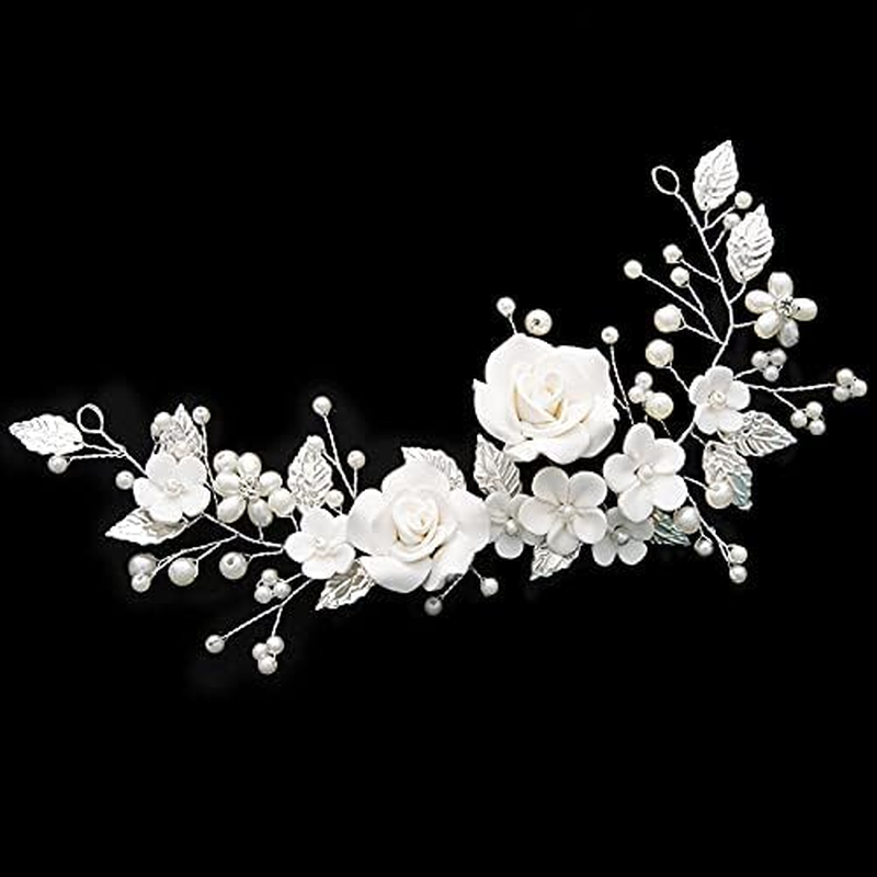 Norhogo Bridal Hair Vine, Flower Wedding Hair Vine, Silver Bridal Headpiece, Pearl Accessories for Women and Girls, Silver Flower Headband with Leaves and Crystal Beads image number 2