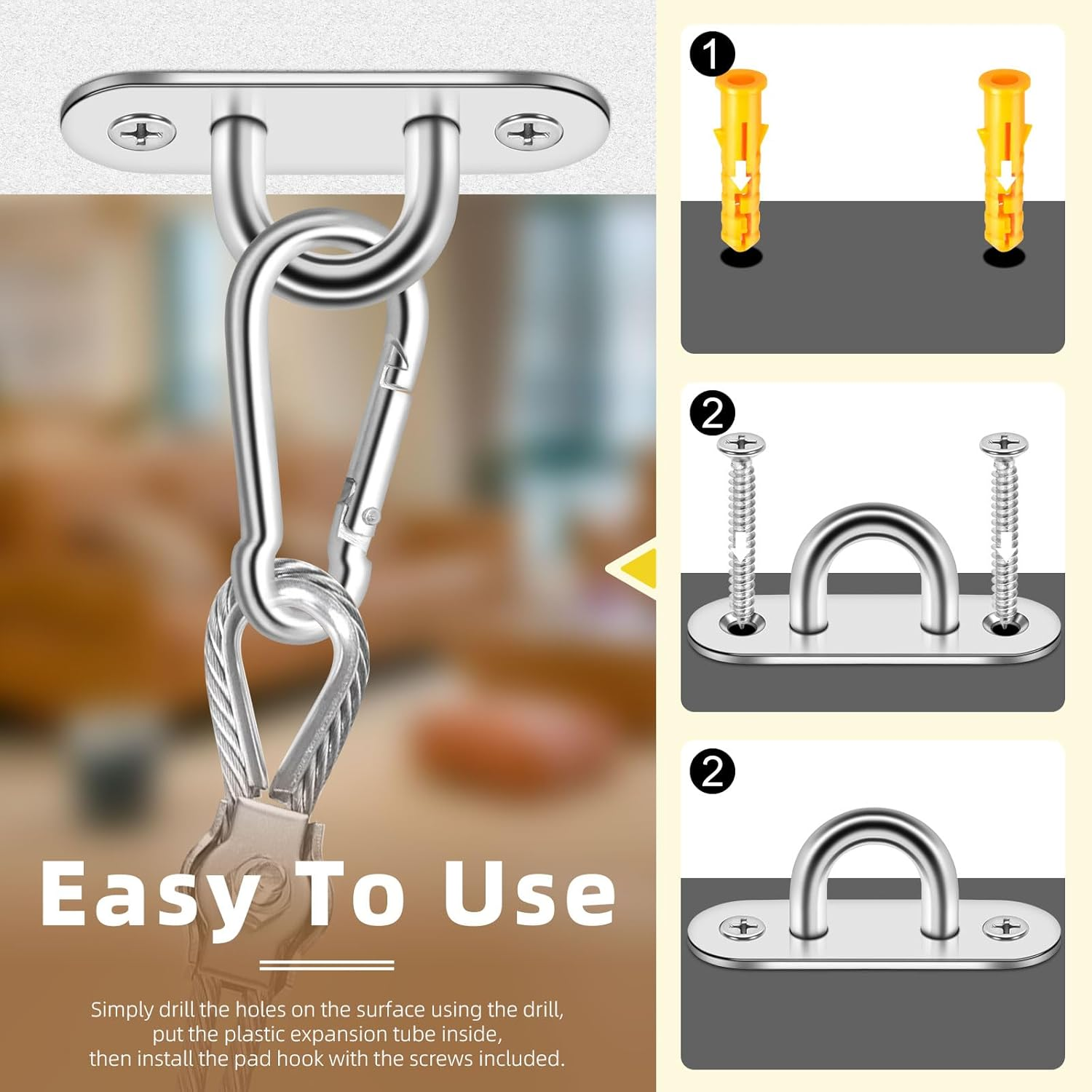 Mardatt 4 Pack M5 304 Stainless Steel Pad Eye Plate U Hooks, Marine Hardware Hook with Screws Anchors, Heavy Duty Ceiling Hooks Pad Eyes Plate, Black image number 2