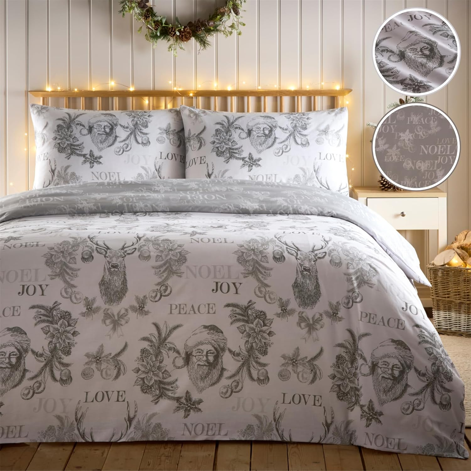 Simply Charlotte Santa Joy Double Bed Duvet Cover Set Christmas Xmas Bedding Bed Set Grey image number 3