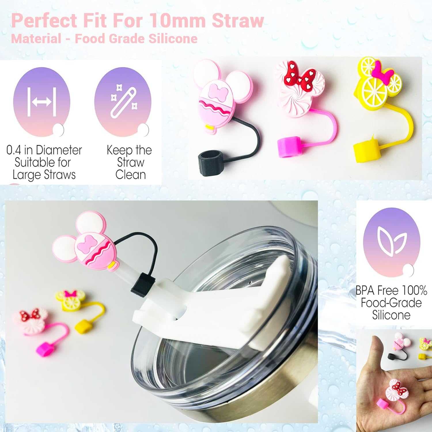 9 Pcs Silicone Straw Covers Cap for Stanley 20 30&40 Oz Cup,10Mm Diameter Different Cute Mouse Ears Straw Toppers for Stanley 40Oz Tumbler, Dust-Proof Straw Caps for Water Bottle (Cute Micke) image number 5