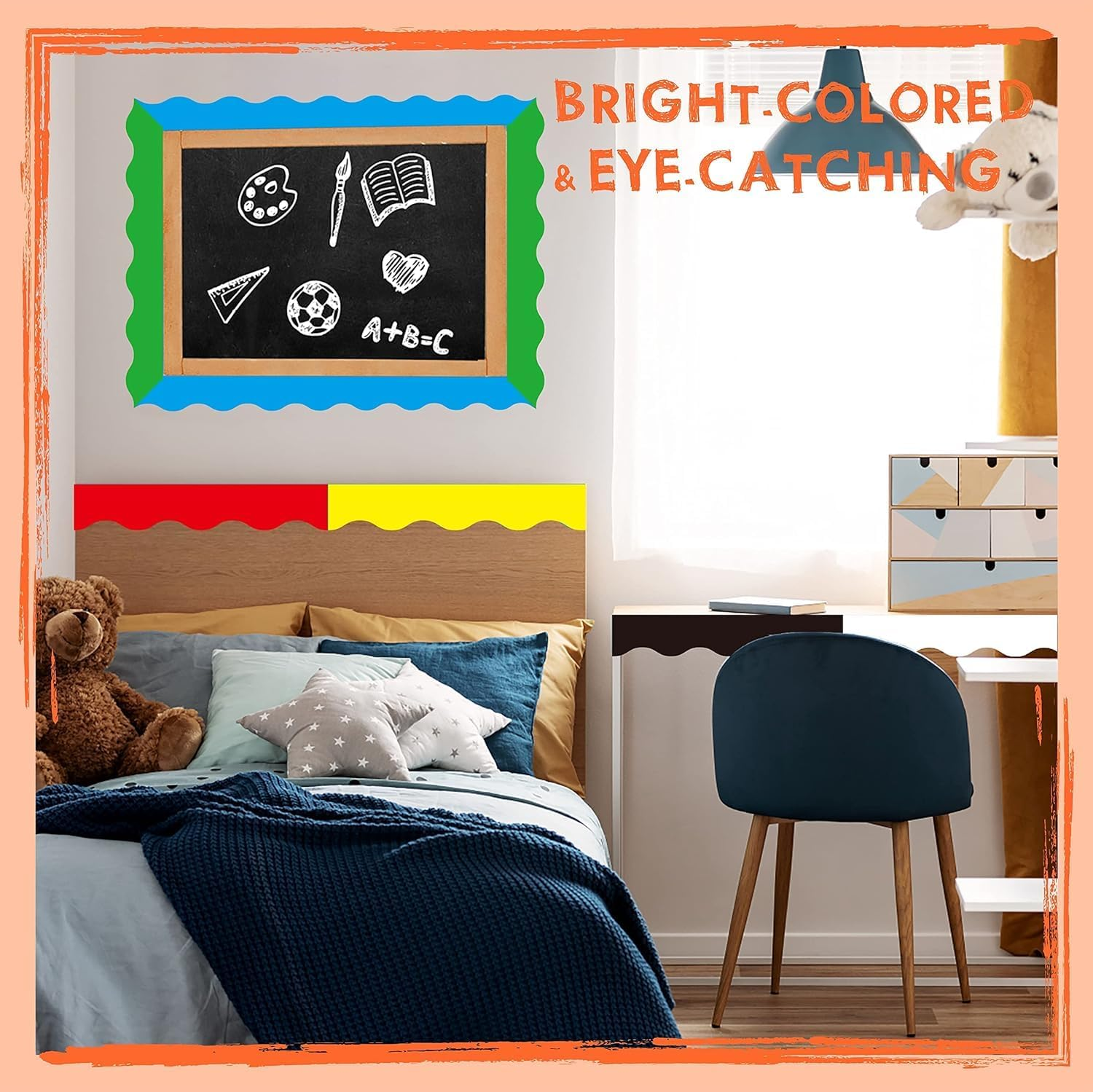 6 Rolls Bulletin Board Borders, 198 Ft Scalloped Rolled Border Trim with Wavy Line Design Yellow, Green, Red, Blue, Black, White Decoration for School, Classroom & Offices, 33Ft per Roll image number 2