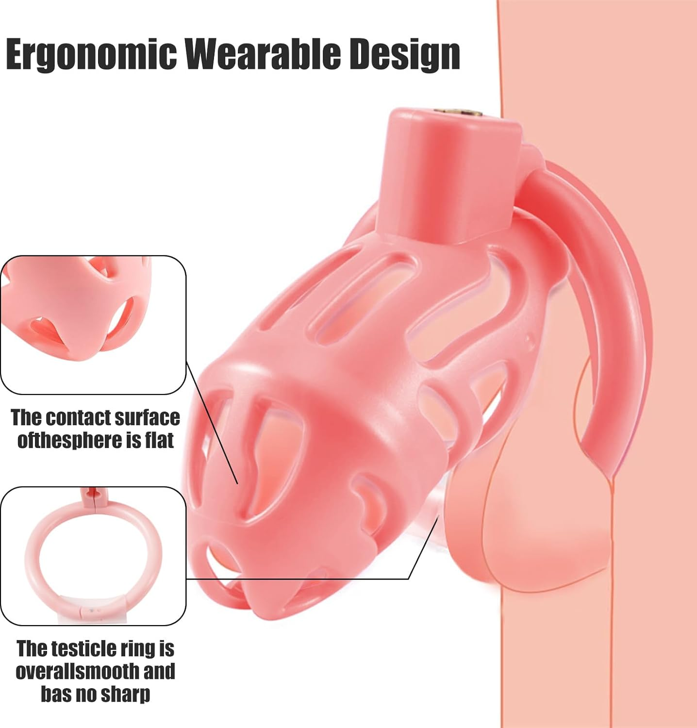 Chastity Cage for Men - Lightweight 3D Printed Honeycomb Penis Cage with 3 Sizes Rings, Invisible Lock & 2 Keys | Body-Safe Resin & ABS | Bondage, Abstinence, SM Sex Toy (Pink) image number 3