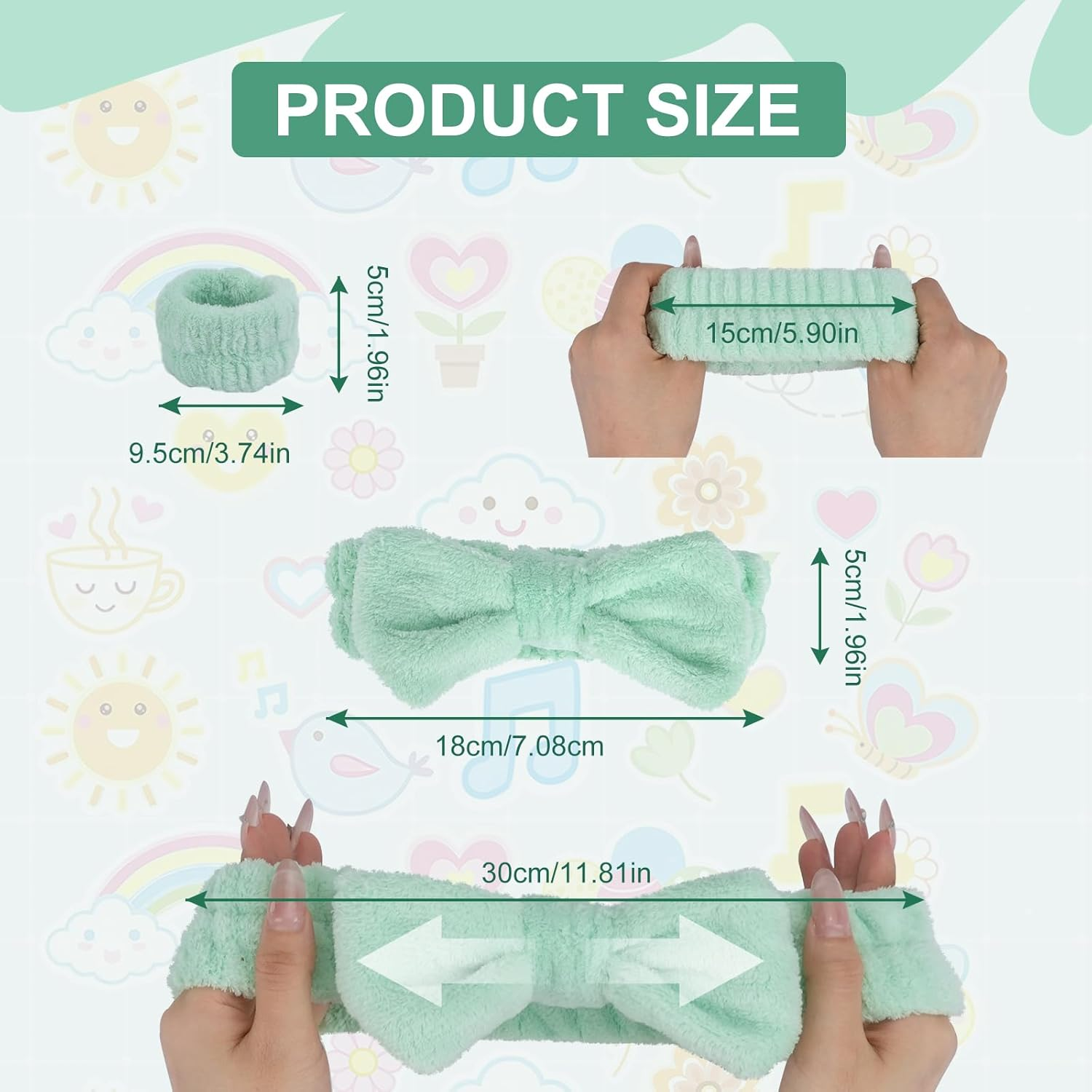 WRENYZK Pack of 5 Spa Headband for Washing Face Wristband and Hair Clips Set, Makeup Hair Band Cosmetic Headband for Women Girls Skin Care Facial Cleansing Yoga (Green) image number 6