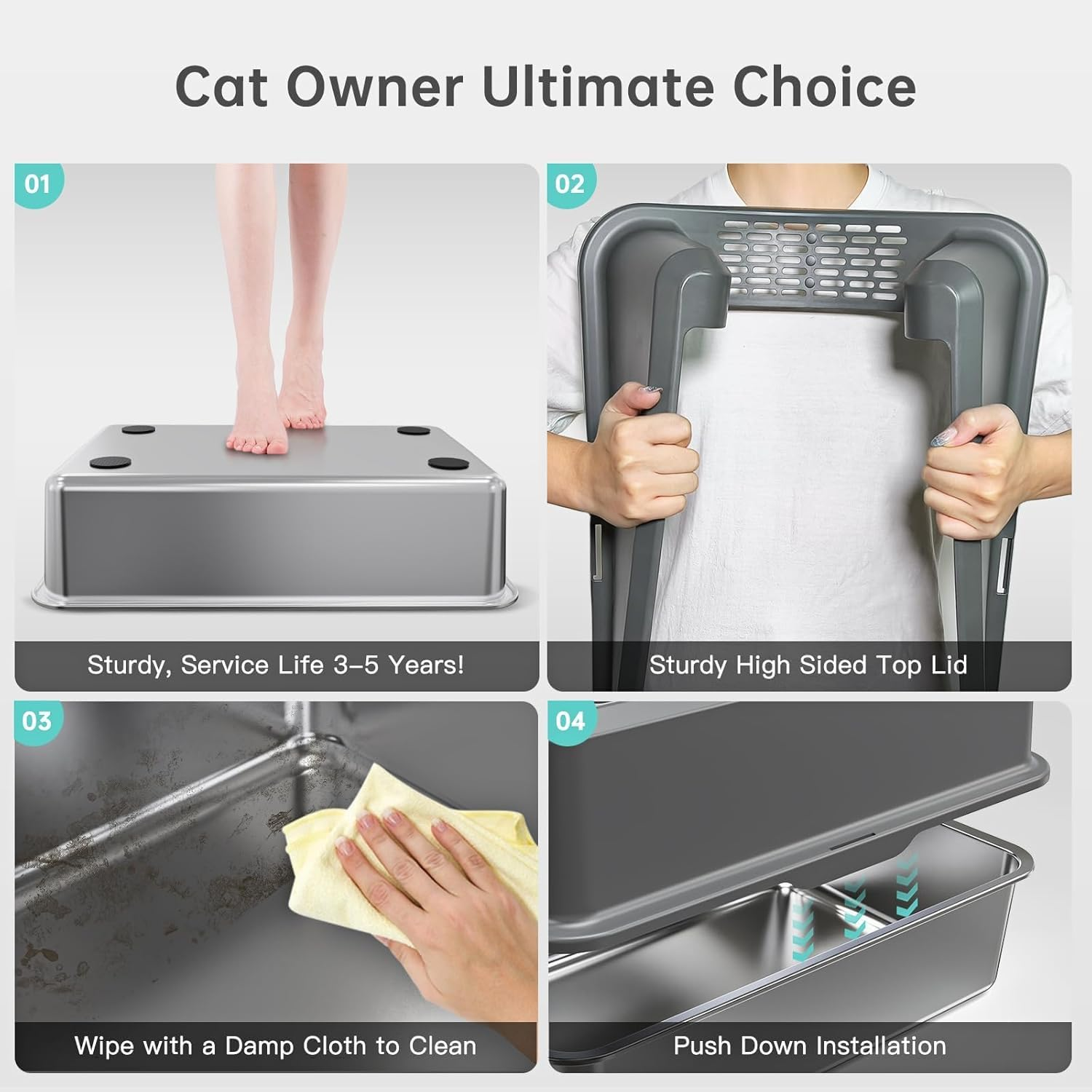 Stainless Steel Cat Litter Box with Lid, 60 * 40 * 31.5Cm Extra Large Litter Box for Big Cats, Metal Litter Pan High Sided, Anti-Urine Leakage, Easy Cleaning, Include Scoop image number 5