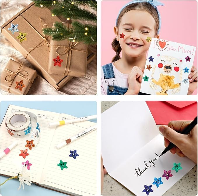 2Roll Smiling Star Stickers Sparkly Foil Small Star Stickers Roll,Smiling Star Stickers Sparkly Foil Stickers Roll,Small Incentive Sticker Self Adhesive Glitter Star Sticker Sparkly Star Sticker Roll image number 2