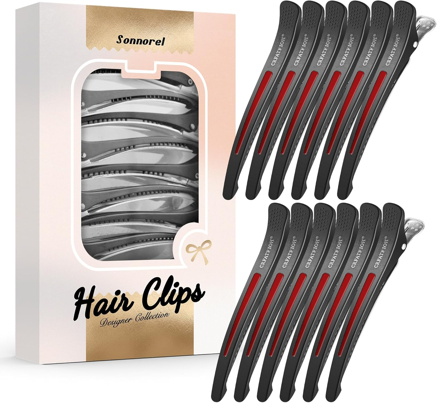 Pack of 12 Hair Clips, Professional Section Clips, Hairdresser, Non-Slip Hair Clips with Duck Beak and Silicone Band, Hair Cutting Clips for Hairdressing Salon and Home (Black Red)