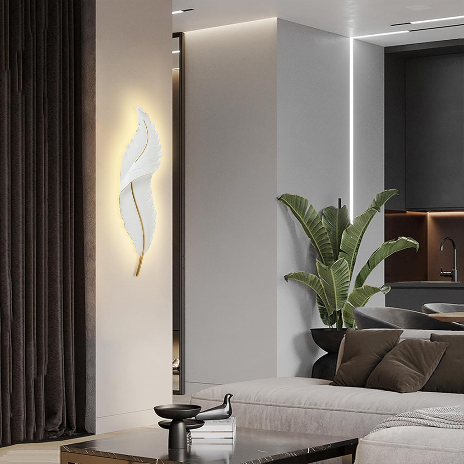 LED Feather Wall Sconce Nordic White Wall Light Living Room Wall Lamp, Creative Resin Wall Mount Lighting Fixture for Bedroom Restaurant Home Indoor Wall Wash Lights XXZ image number 1