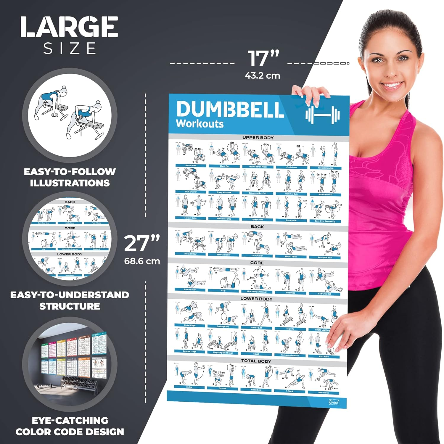 [12-PACK] Laminated Large Workout Poster Set - Perfect Workout Posters for Home Gym - Exercise Charts Incl. Dumbbell, Yoga Poses, Resistance Band, Kettlebell, Stretching & More Fitness Gym Posters image number 4