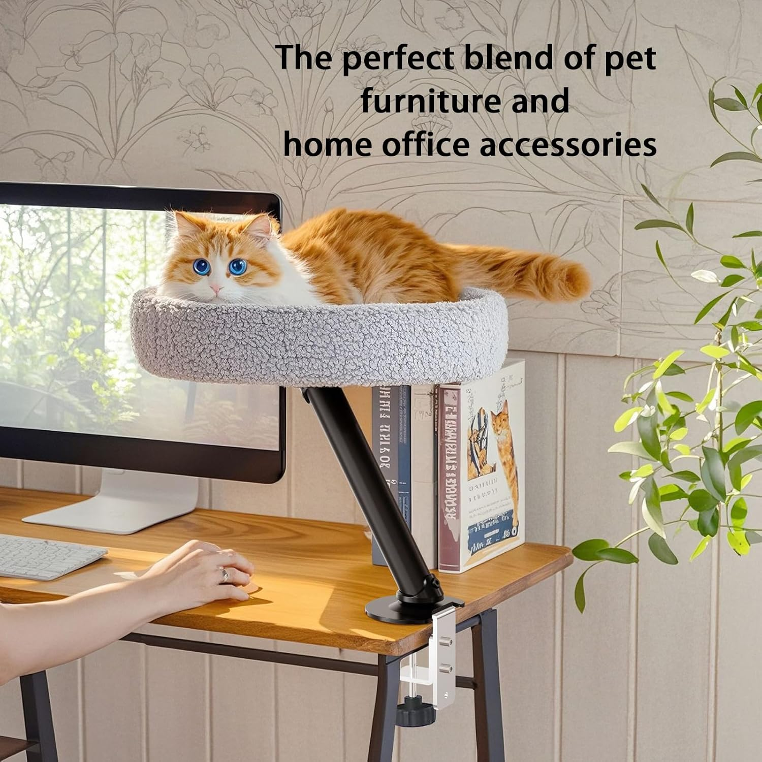 Cat Desk Bed - 360&deg; Rotating & Adjustable, Cat Hammock for Home Office，Comfortable Soft Pet Nest Bed, Modern Unique Kitten Furniture Attachment，Bracket Pet Furniture Light Gray White Stand image number 2