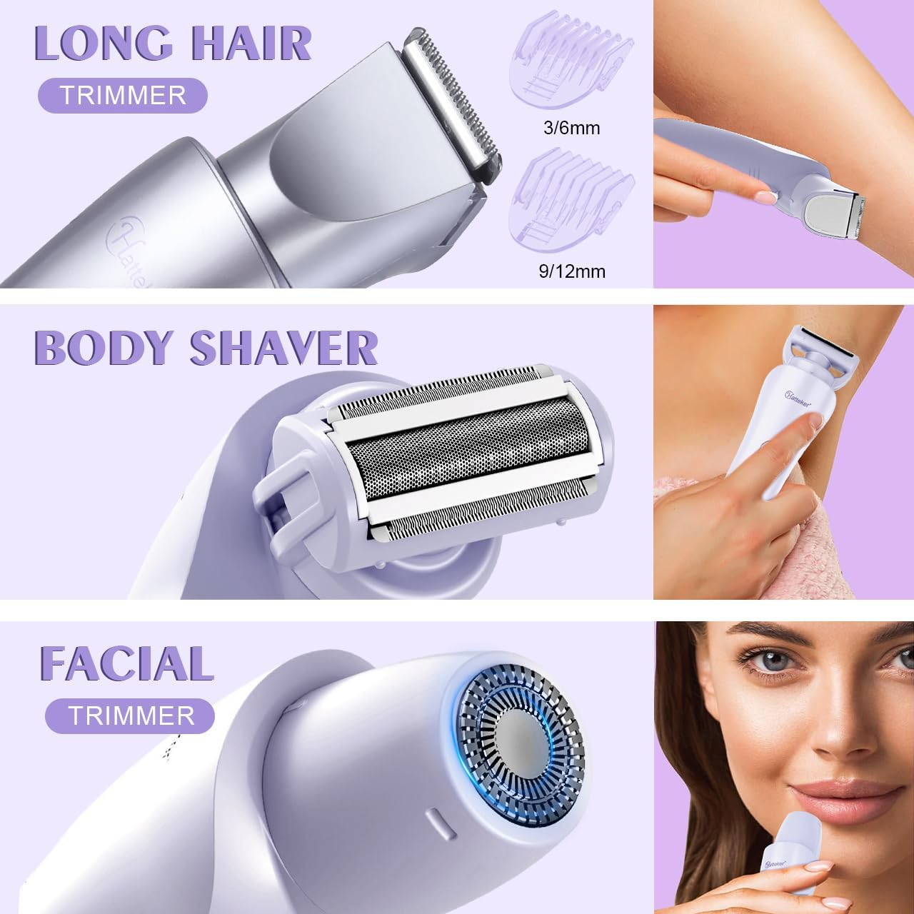 Hatteker Women'S Electric Shaver Bikini Trimmer Hair Trimmer for Women Electric Razor for Legs Bikini Underarm Pubic Hairs IPX7 Waterproof USB Rechargeable with LED Light (Purple) image number 1