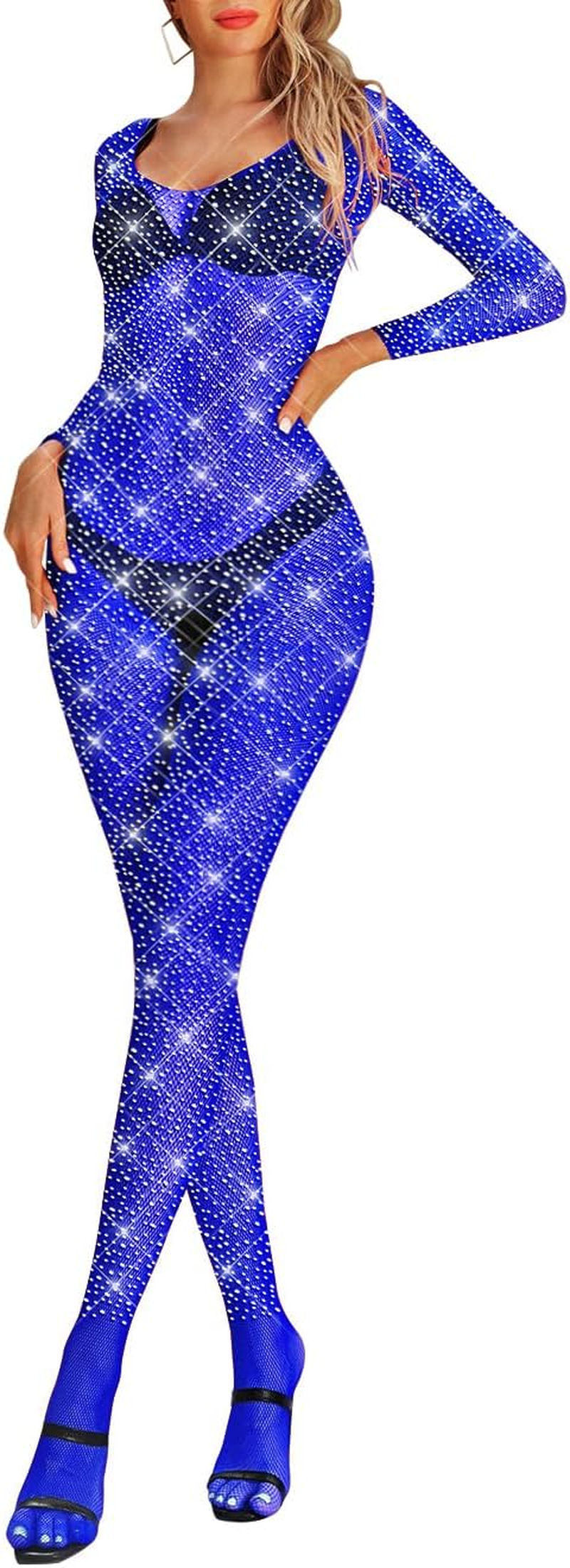 LUCKELF Womens Classic Fishnet Bodystocking Lingerie Party Sparkle Rhinestone Stockings One Piece