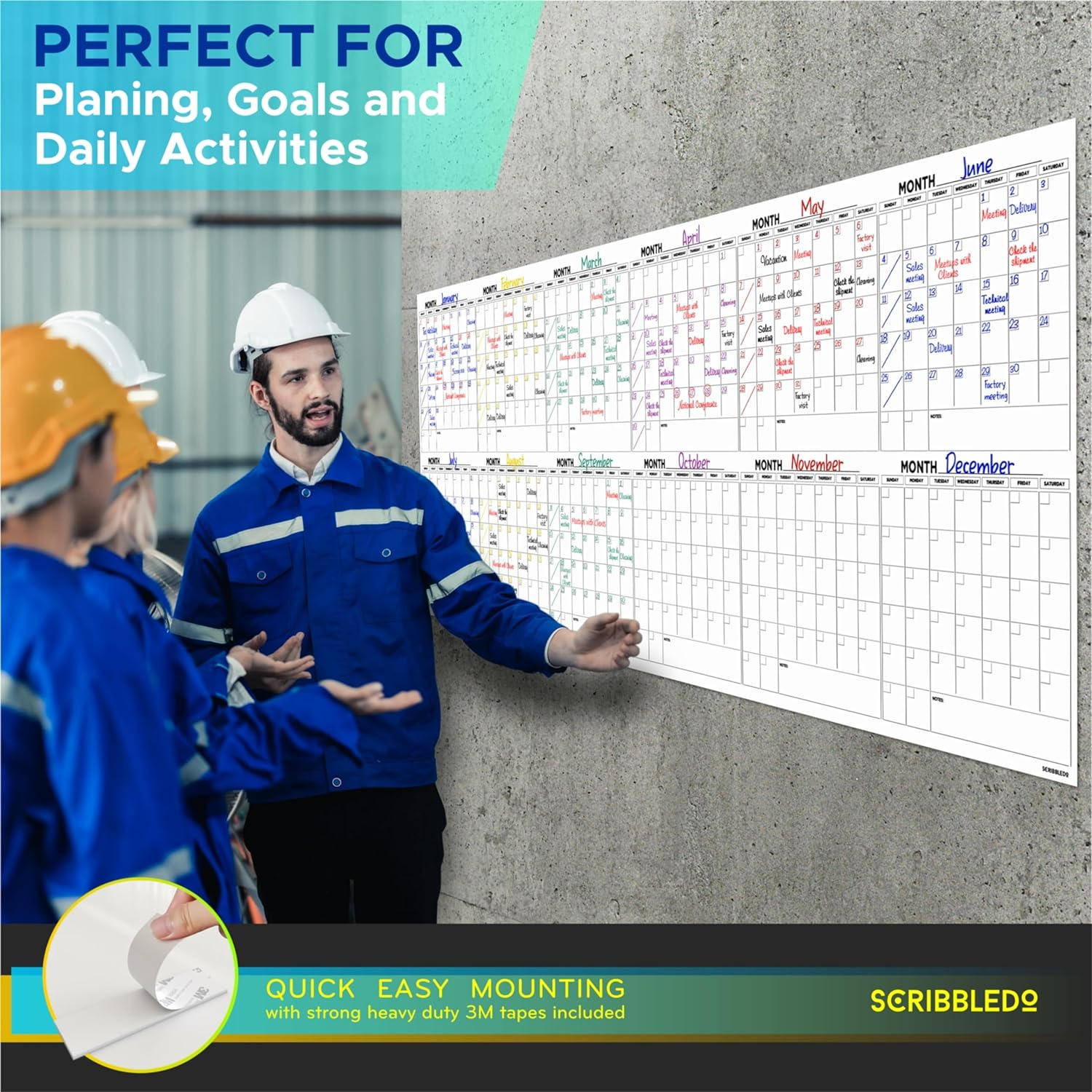 Extra Large 100"X36" White Board Calendar Dry Erase Calendar for Wall 12 Month Planner Big Dry Erase Wall Calendar 2023 Monthly Large Wall Calendar Includes 6 Markers Eraser Push Pins & Mounting Tape image number 4