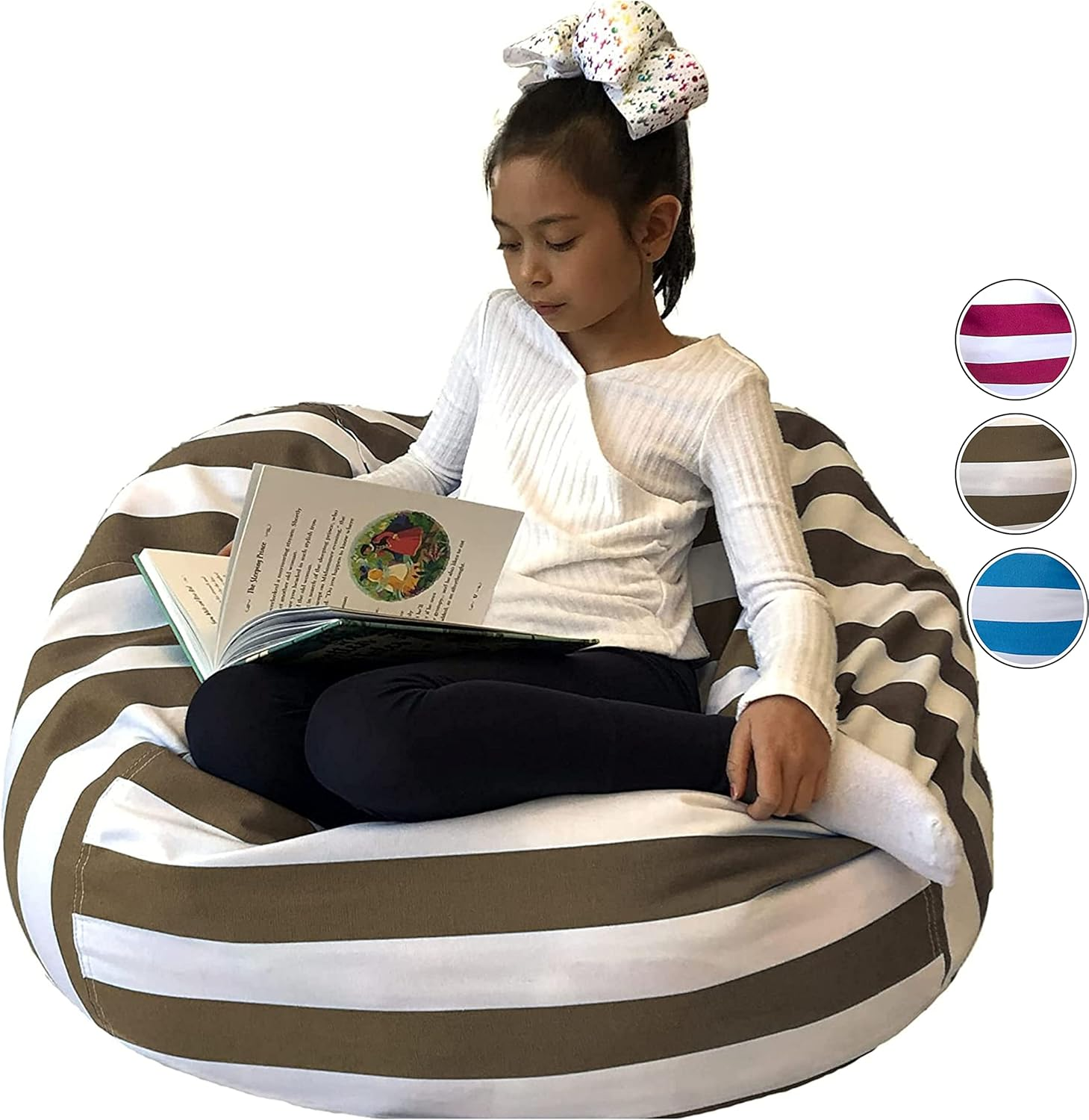 Kids Bean Bag Cover, Soft Toy Storage, Stuffed Animal Storage, Extra Large Bean Bag Chair - Fill W/ 200L to 300L Bean Bag Filling, Stuffed Toy Storage Organiser (Round Blue & White)