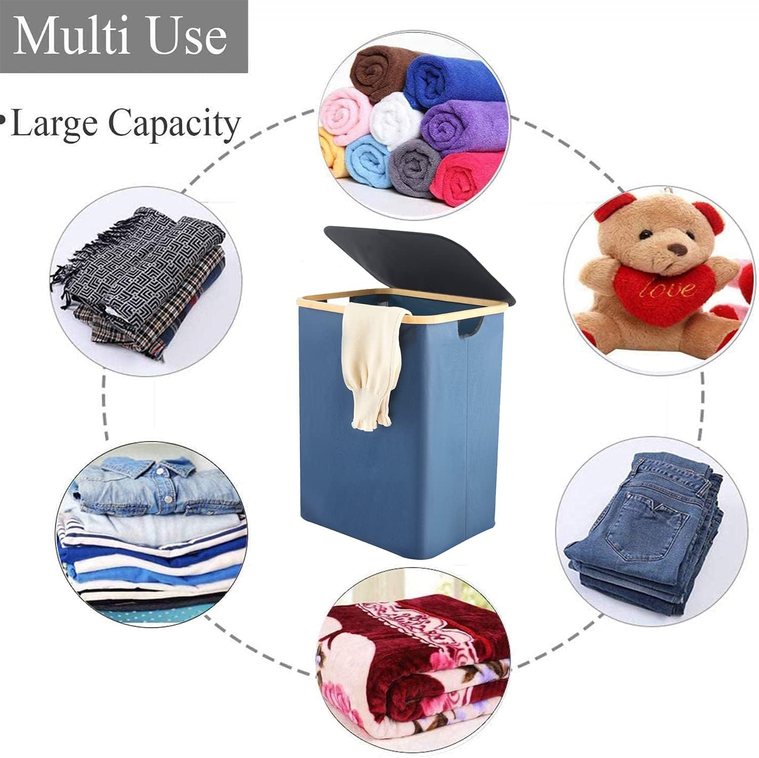 ALINK Folding Large Bamboo & Canvas Laundry Hamper- Single Laundry Basket with Lid - Modern Collapsible Hamper with Handles, Waterproof Liner, Great for Bedroom, Bathroom, Living Room-Blue image number 4