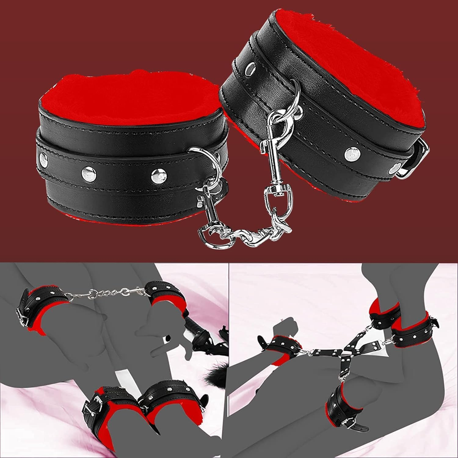 Sex Bondage BDSM Restraints Sex Toys 10 Pcs Set, SM Sex Toy Adult Toys Games Cuffs Gag Blindfold Spanking Paddle Safe Fetish Bed BDSM Kit Cuffs Nipple Clamps Ball Gag Rope Cosplay for Women Couples (Black&Red) image number 6