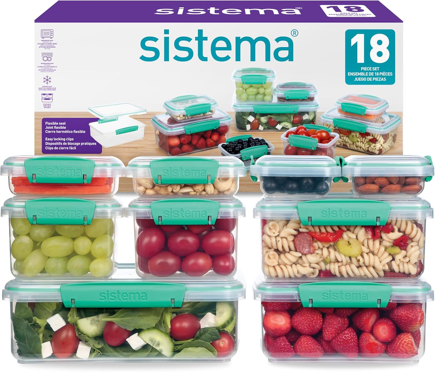 Sistema KLIP IT Food Storage Containers | Airtight & Stackable Meal Prep Containers with Lids | School Lunch Boxes & Snack Boxes | Bpa-Free | 18 Count (9 Containers & Lids) image number 6