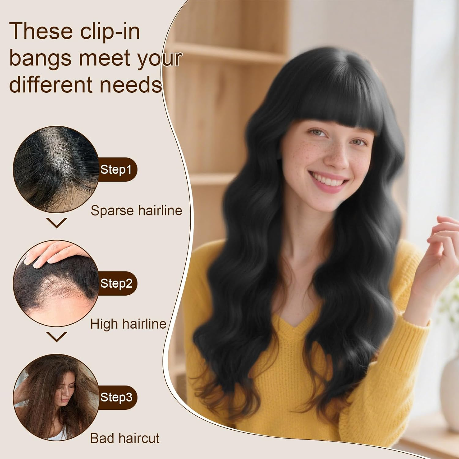 Clip-In Fringe 100% Real Hair Clip in Bangs Hair Extension Fringe with Temples Pony Extension Real Hair for Women (Black) image number 1