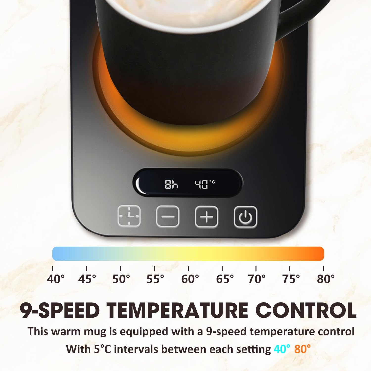 WEKUBA Coffee Mug Warmer, 9 Adjustable Temperature Levels (40-80&deg;C), 1-12 Hours Timer for Auto On/Off, Metal Heating Panel, Fast Heating, Cup Warmer with Night Light Design, FCC Certified image number 6