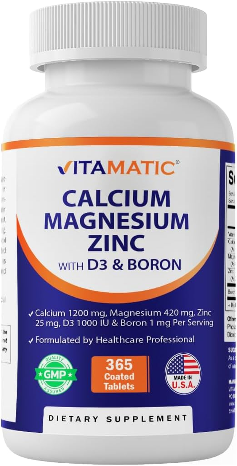 Vitamatic Calcium Magnesium Zinc D3 Boron | 365 Coated Tablets Supplement | Calcium 1200 Mg, Magnesium 420Mg, Zinc 25Mg, Vitamin D3 1000 IU, Boron 1 Mg | Non-Gmo | Gluten Free | Made in USA image number 5