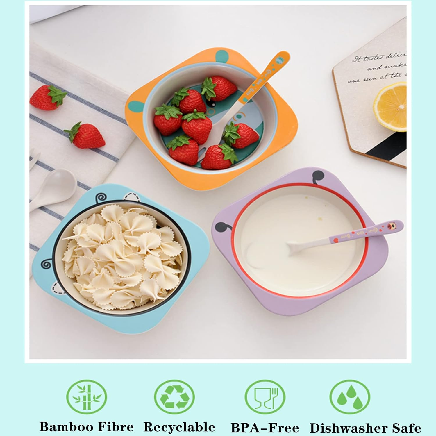 Lyellfe 6 Pack Bamboo Bowls, 10 Oz Unbreakable Bowl, Fun Bowl Tableware Cereal Bowls for Soup Noodle Pasta, BPA Free, Dishwasher Safe