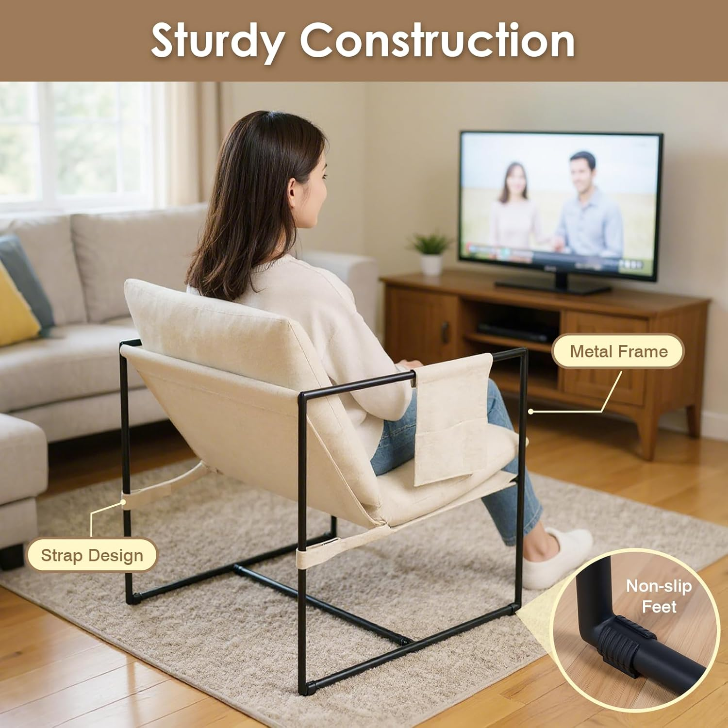 Advwin Sling Accent Chair, Linen Lounge Chair Armchair with 2 Upholstered Cushions, Modern Comfy Living Room Chair with Metal Frame and Side Pocket Beige - Beige image number 4