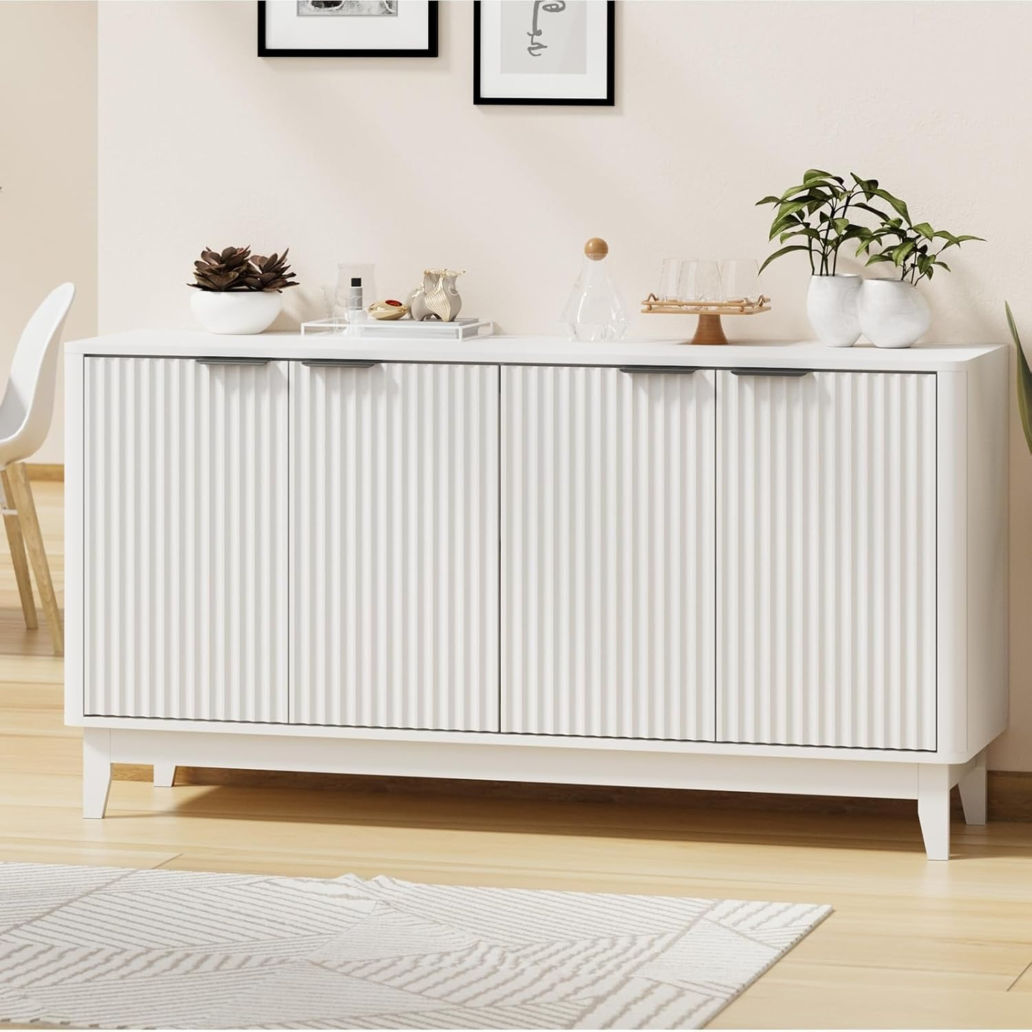 Oikiture Buffet Sideboard Storage Cabinet 4 Doors Cupboard Hallway Table White image number 5