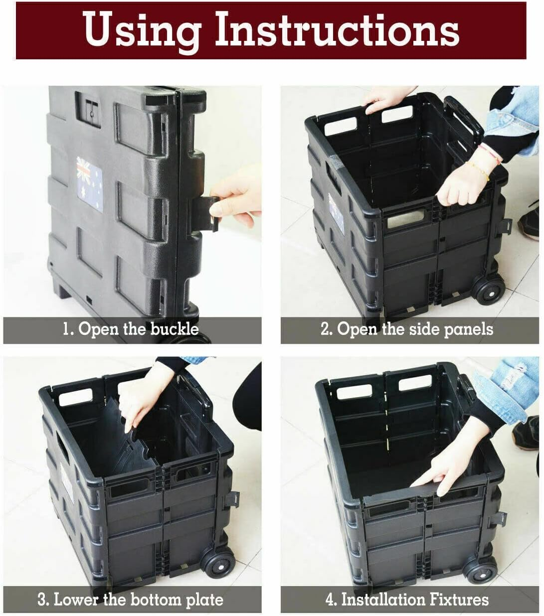Grocery Basket Foldable Shopping Cart Trolley Pack & Roll Folding Crate Portable image number 3
