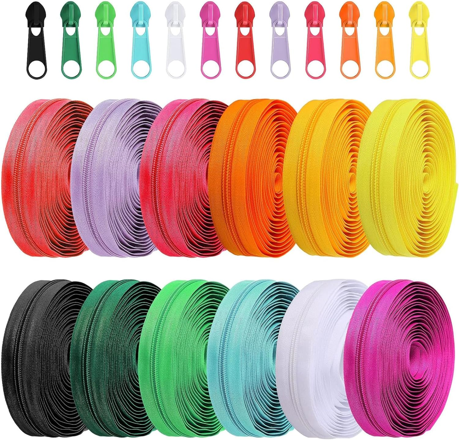 Jotia 12Pcs/ 36 Yards #3 Nylon Coil Zippers with 120Pcs Match Zipper Sliders Assortment Kit, 12 Bright Colors Zipper Repair Kit Sewing Zippers Zipper Heads Bulk Zippers for DIY Sewing Craft Bags image number 1