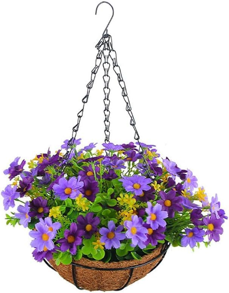 Artificial Geranium Flowers Hanging Basket for Outdoor/Indoor, Fake Flower Arrangement in 11'' Basket (Purple) image number 4
