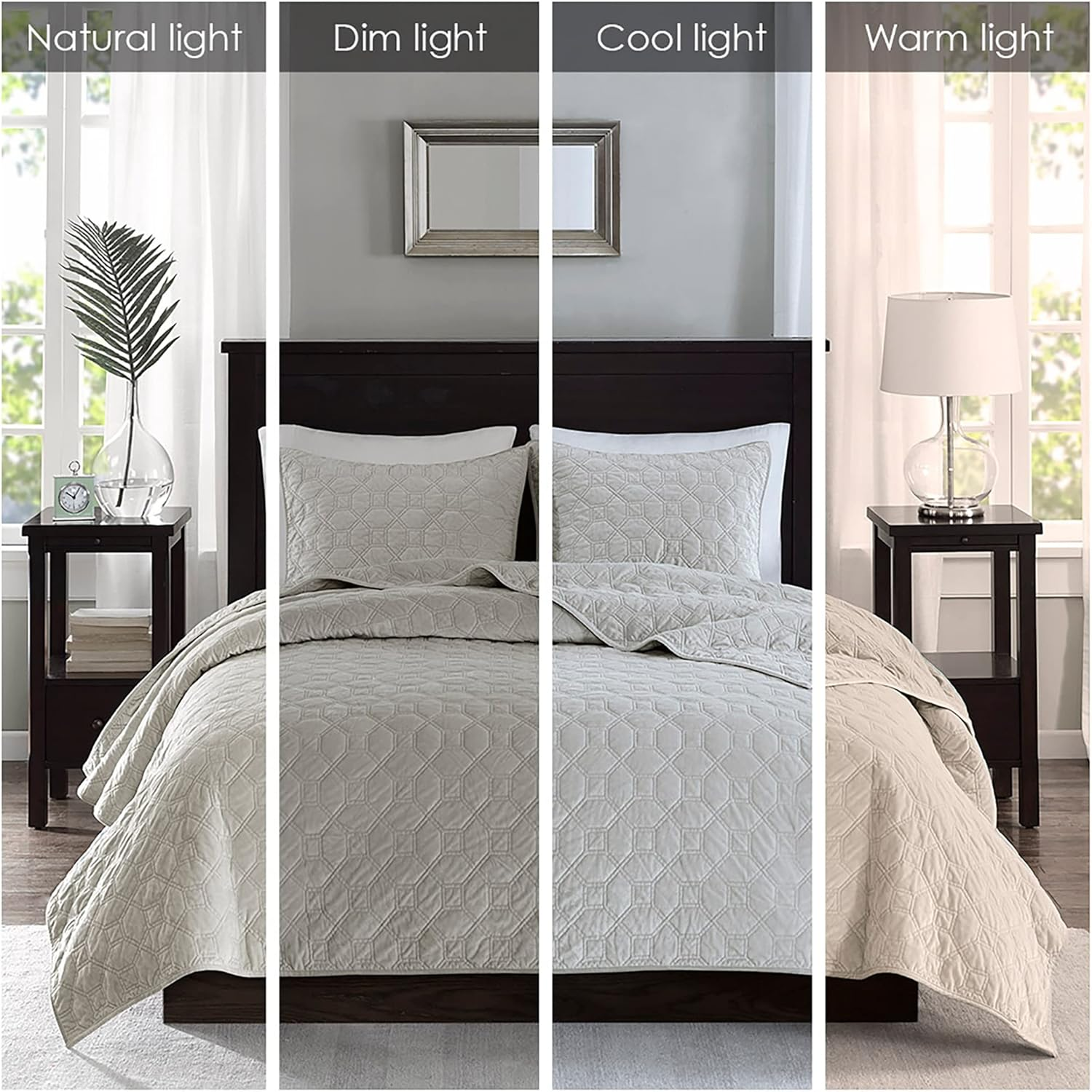 Madison Park Harper Quilt Set Velvet Casual Geometric Stitching Design All Season, Lightweight Coverlet, Cozy Bedding, Matching Shams, King/Cal King(104"X94"), Ivory 3 Piece image number 3