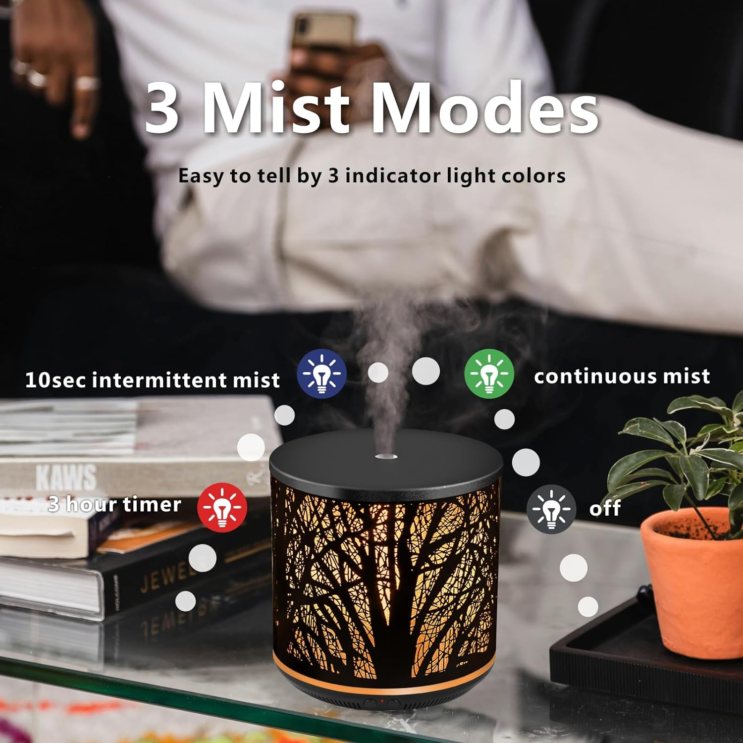 Sunfuny Essential Oil Diffuser, Aromatherapy Metal Oil Diffuser 400Ml with Remote Control, Ultrasonic Aroma Diffuser Mini Air Humidifier Fragrance Vaporizer with 7 Color LED Light (Black Forest Iron) - Black Forest image number 4