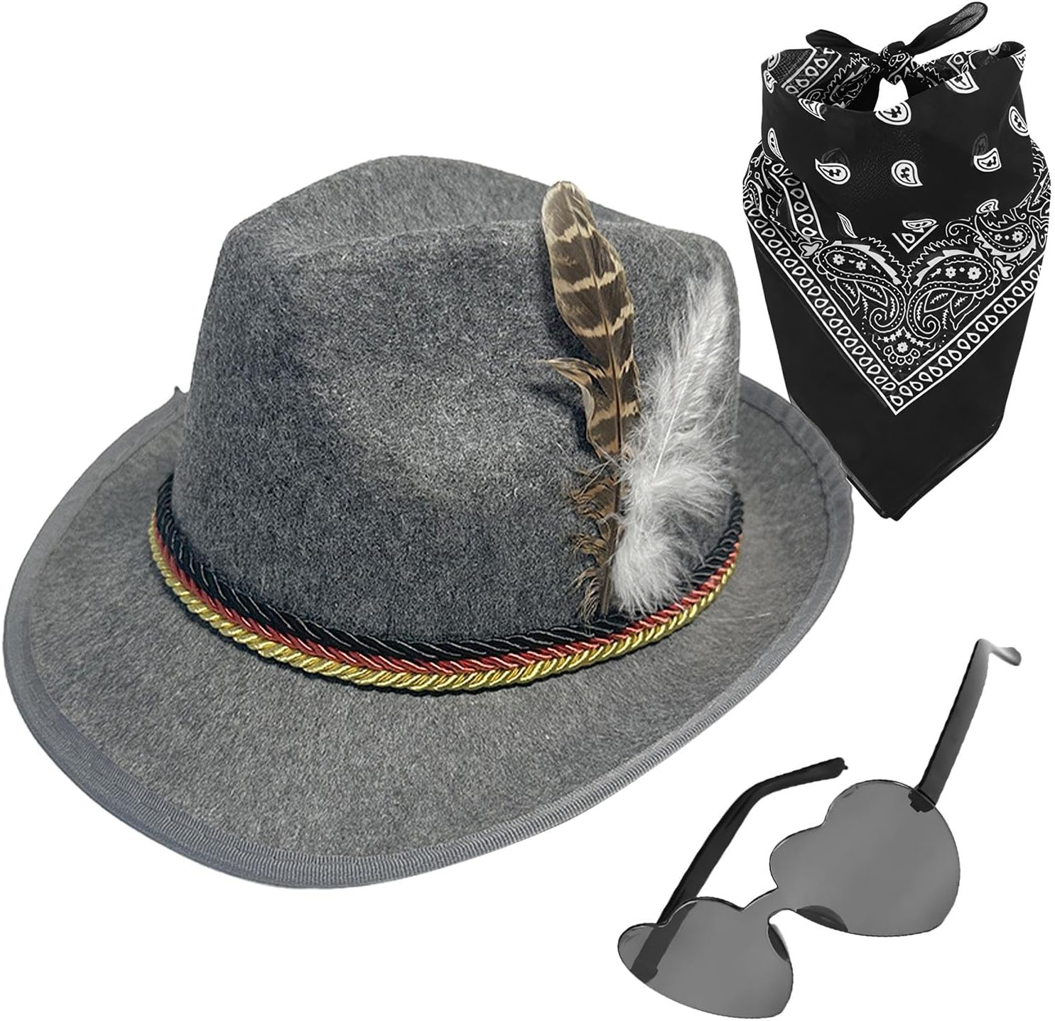 Alpine Hat - 1Set Fedora Oktoberfest Hat with Headscarf, Eyeglasses,Non-Woven German Hunter Hat, Adult German Alpine Bavarian Hat for Adults Cosplay - Green image number 5