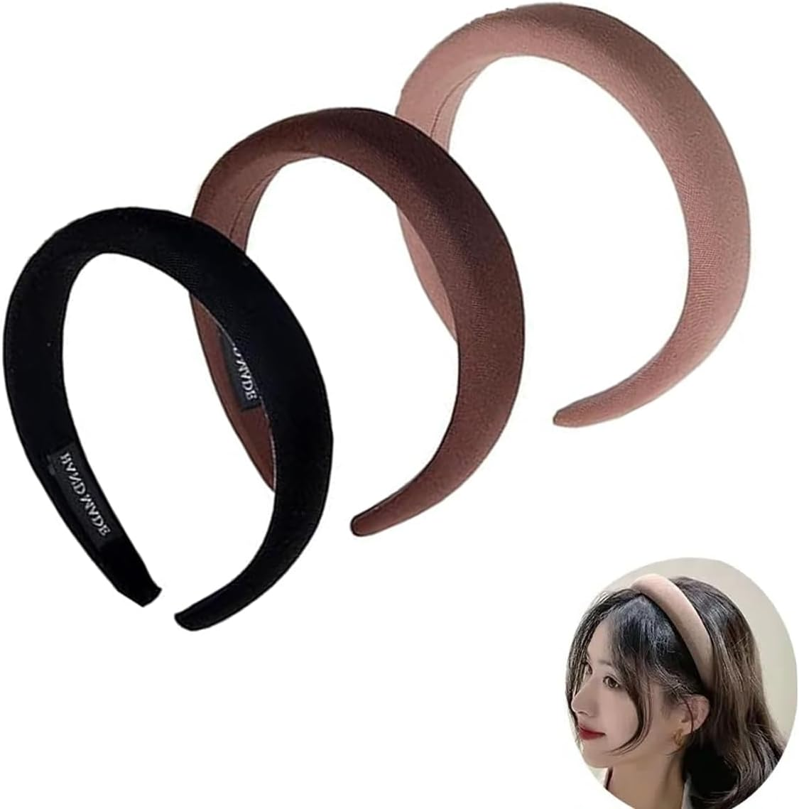 3 Pcs Wide Headbands, Women Soft Sponge Padded Non-Slip Headbands for Women Hairbands Hair Accessories(Black Brown Khaki) image number 4