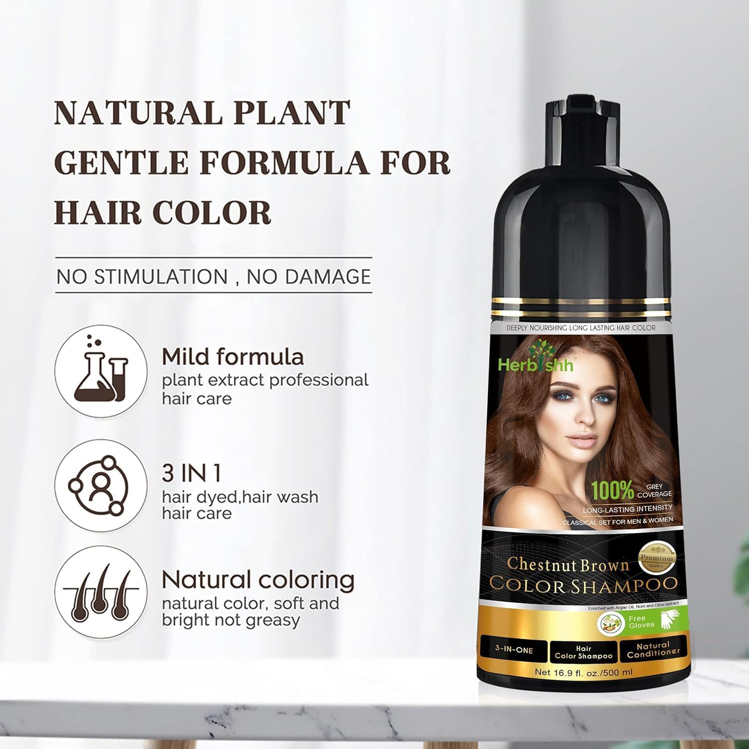 Herbishh Chestnut Brown Gray Hair Shampoo &ndash; 4 Bottles + 4 Pouches | 3‑In‑1 Ammonia‑Free Hair Dye Conditioner image number 6