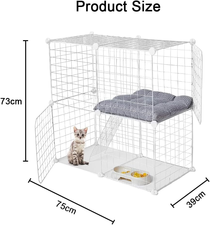 2 Tier Cat Cage Indoor, Detachable Metal DIY Pet Playpen, Portable Collapsible Pet Cat Cage, Animal Cage Wire Cage Indoor, 75 * 73 * 39 Cm, White image number 4
