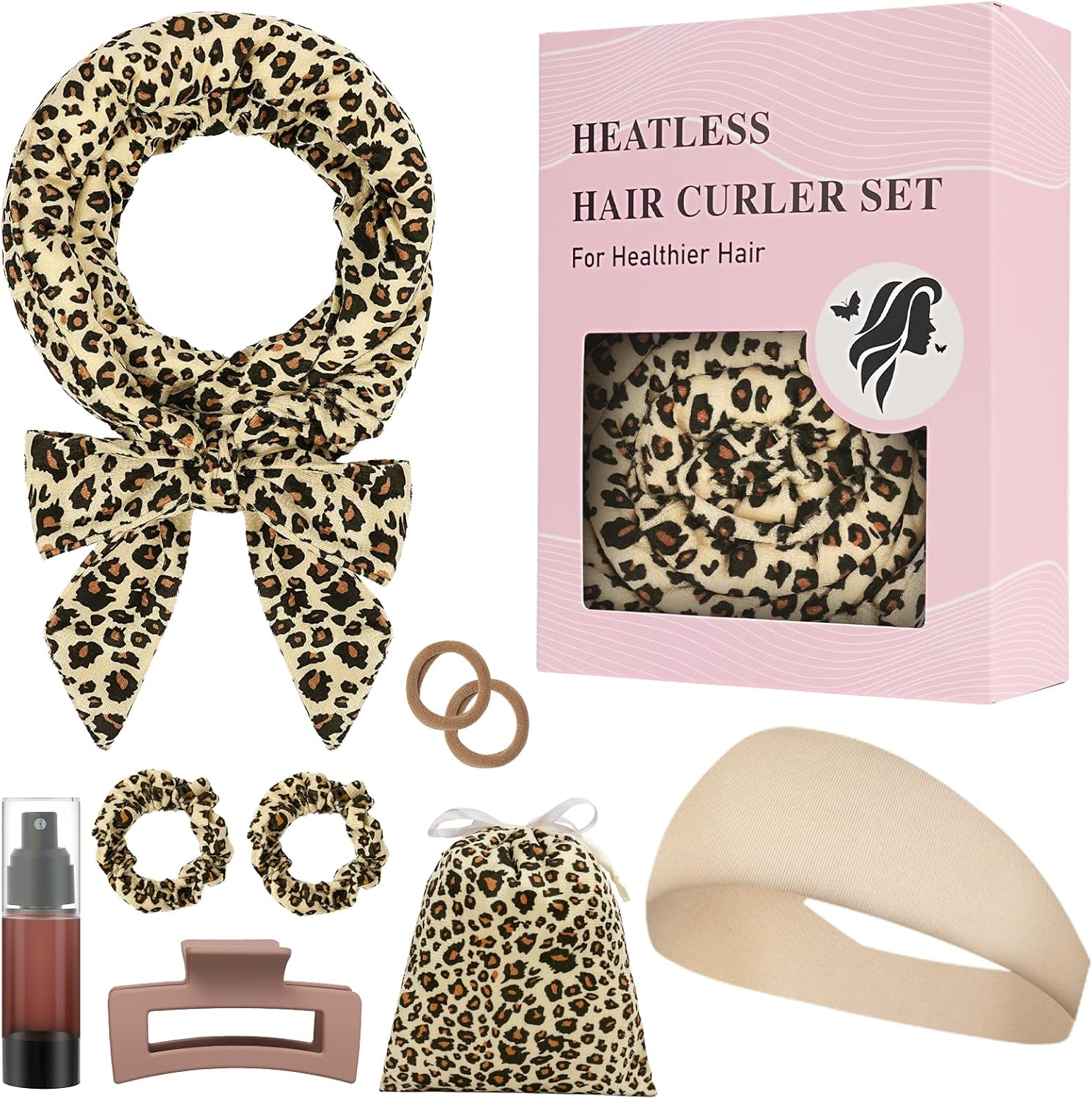 AOOWU Overnight Curlers, 9 Pieces Velvet Heatless Overnight Curls with Headband Curls Band for Sleeping, Band Curls without Heat, 70 Inch Hair Rollers DIY for Long Medium Hair, Leopard Print image number 4