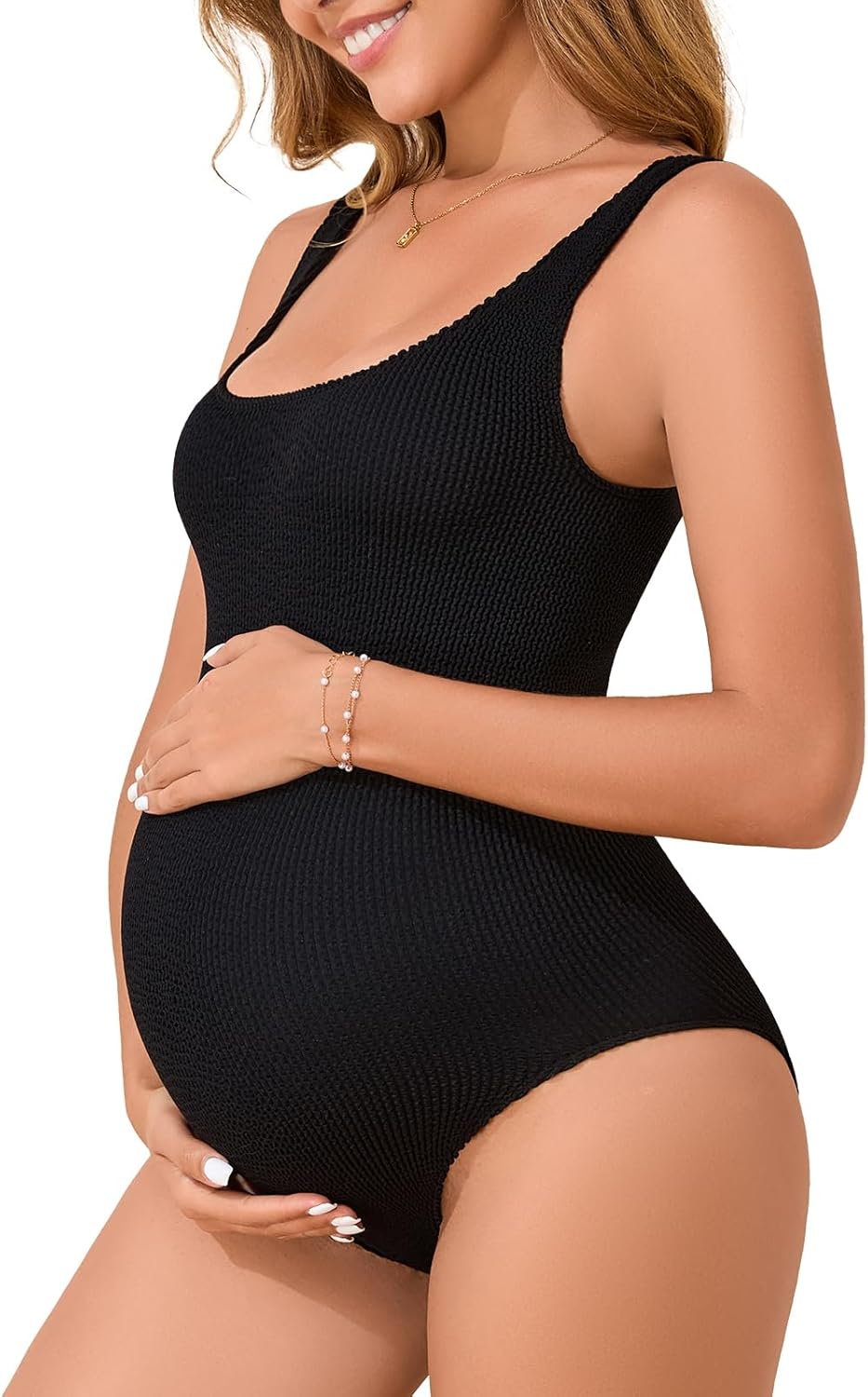 Summer Mae Maternity One Piece Swimsuit Seamless Ribbed Bathing Suit Scoop Neck Pregnancy Swimwear One Size Fits S-XL