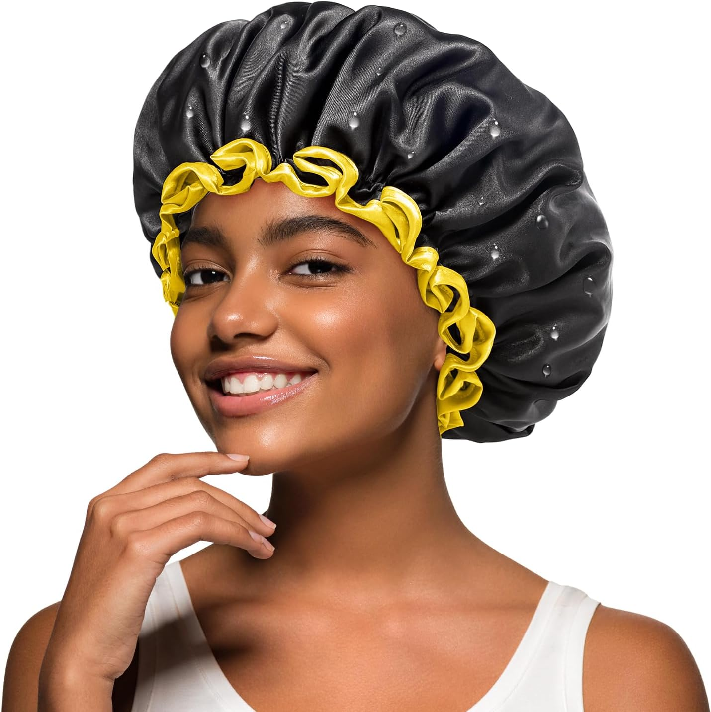 Mikimini Large Shower Cap for Women Long Hair, Black, Reusable Waterproof Double Layers XL Washable Colorfast Odorless High-Quality Shower Cap for Men with Vibrant Orange Edge