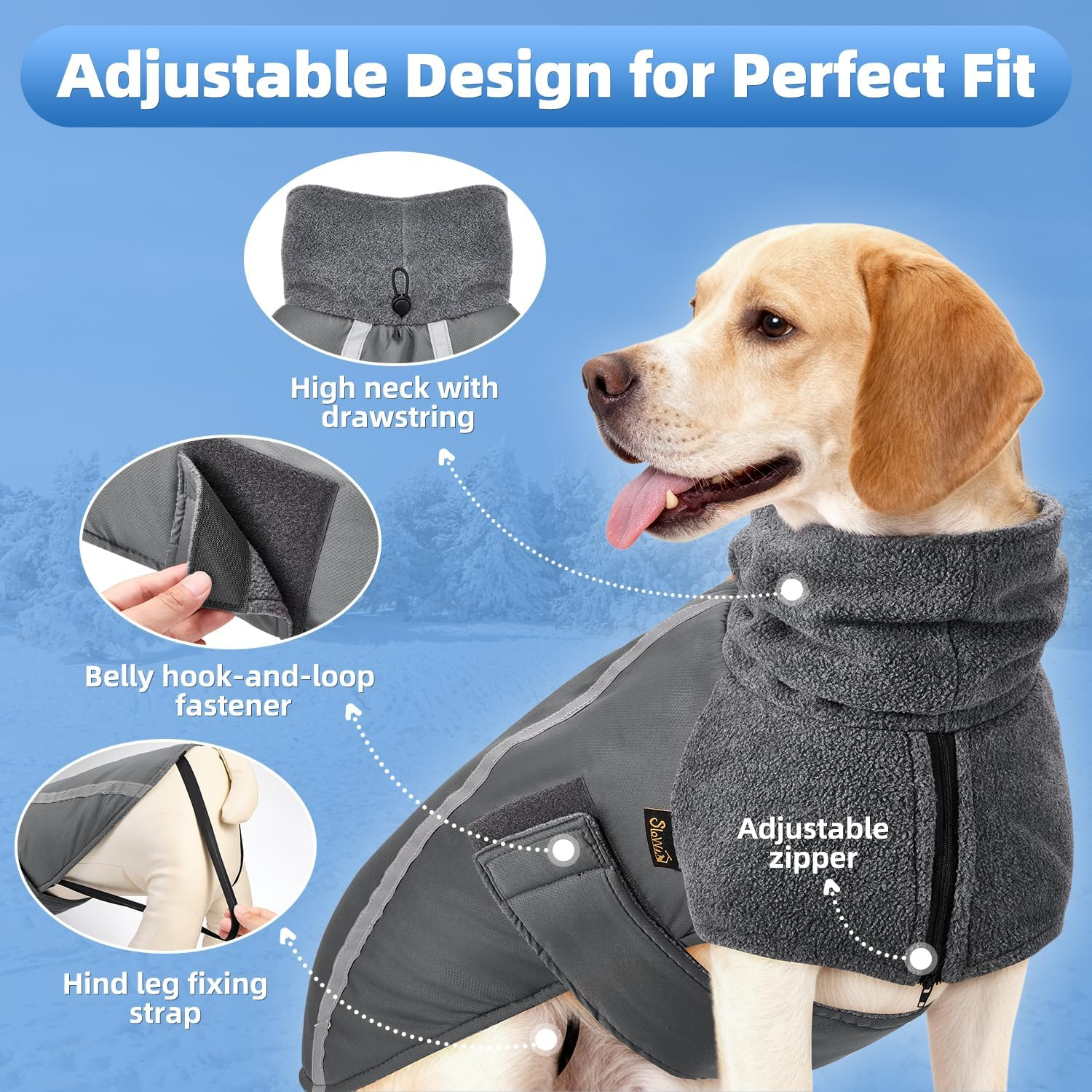 Slowton Winter Dog Coat, Warm Polar Fleece Lining Doggie Outdoor Jacket with Turtleneck Scarf Reflective Stripe Adjustable Waterproof Windproof Puppy Vest Soft Pet Outfits (X-Large, Grey) image number 3