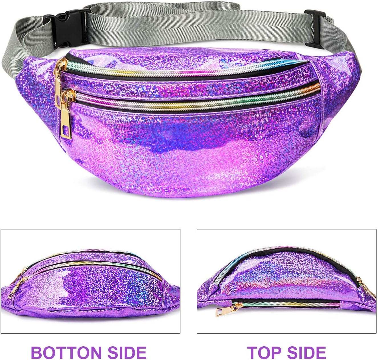 Fanny Pack Belt, Holographic Fanny Packs for Women, Men & Kids - Fashion Waterproof Waist Pack with 3 Pouches & Adjustable Strap - Shiny Causal Bags - Cute Bum Bag - Hip Sacks for Travel image number 5